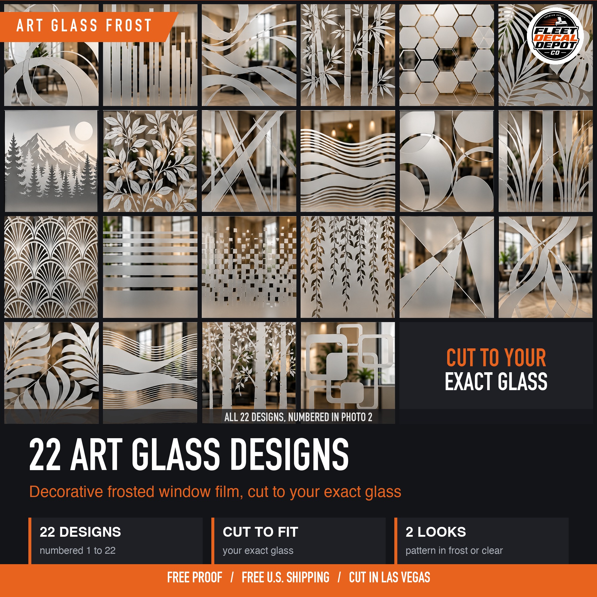 22 decorative frosted glass designs on office glass panels, from orbit rings and bamboo to art deco fans and birch trees