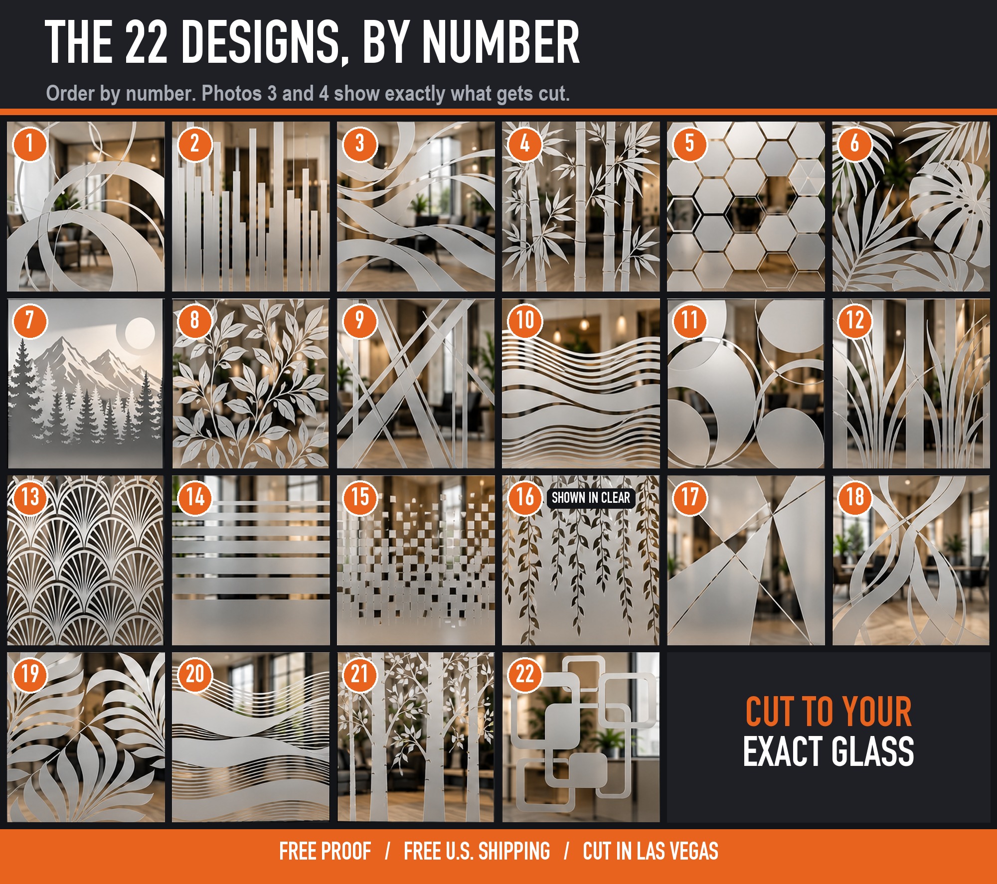 The 22 art glass frosted film designs numbered 1 to 22 (product photo 2 of 7)