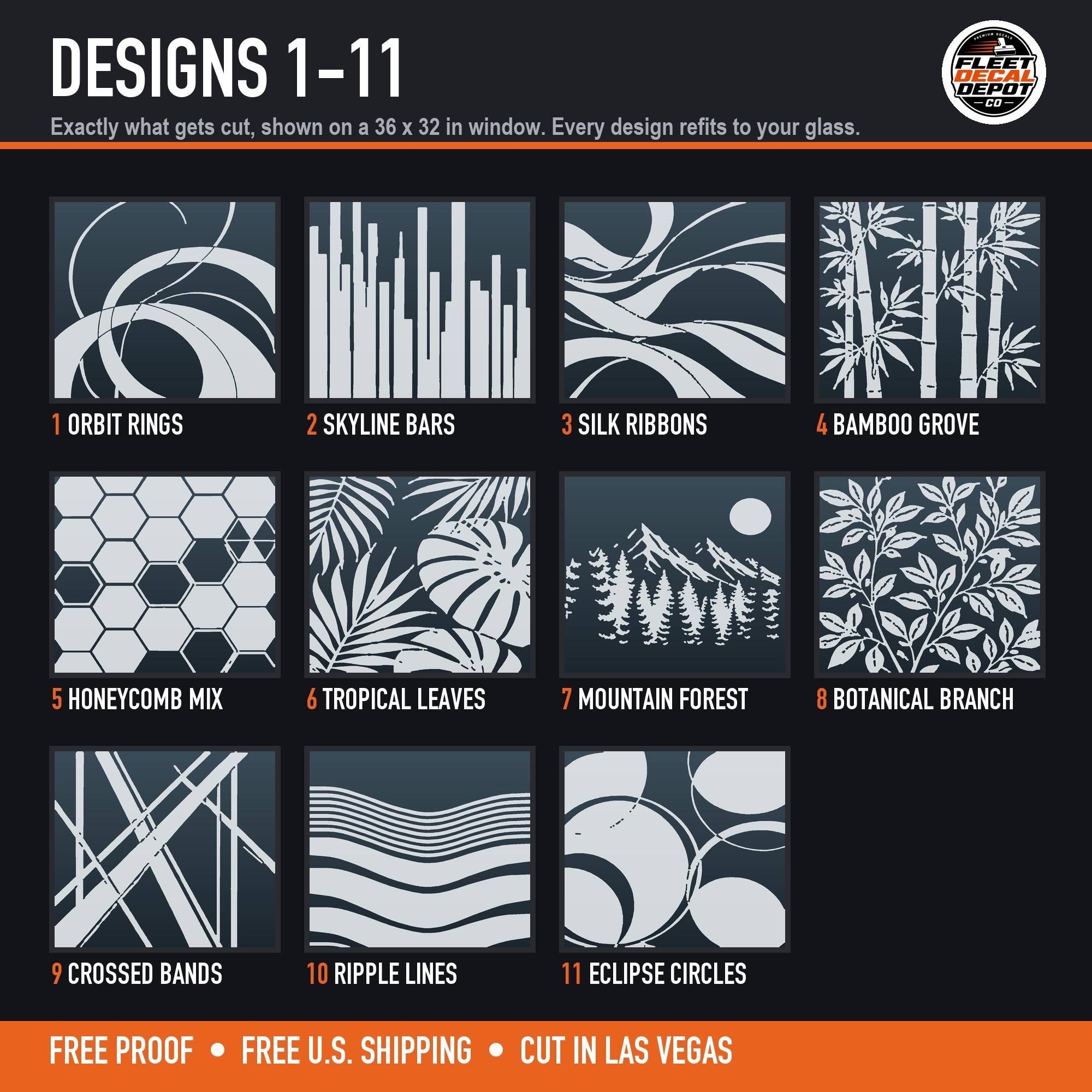 Designs 1 to 11 as cut: Orbit Rings, Skyline Bars, Silk Ribbons, Bamboo Grove, Honeycomb Mix, Tropical Leaves, Mountain Forest, Botanical Branch, Crossed Bands, Ripple Lines, Eclipse Circles (product photo 3 of 7)