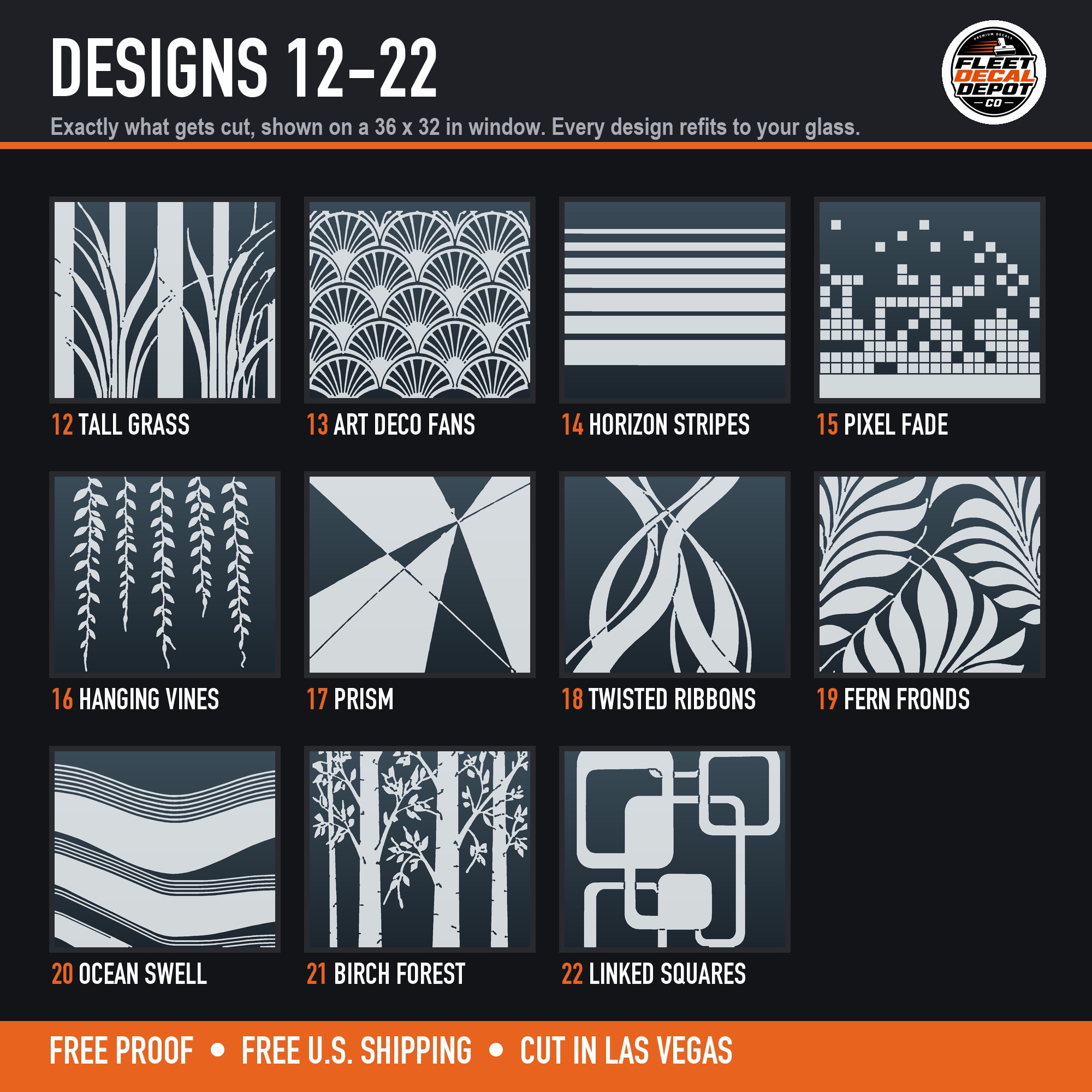 Designs 12 to 22 as cut: Tall Grass, Art Deco Fans, Horizon Stripes, Pixel Fade, Hanging Vines, Prism, Twisted Ribbons, Fern Fronds, Ocean Swell, Birch Forest, Linked Squares (product photo 4 of 7)