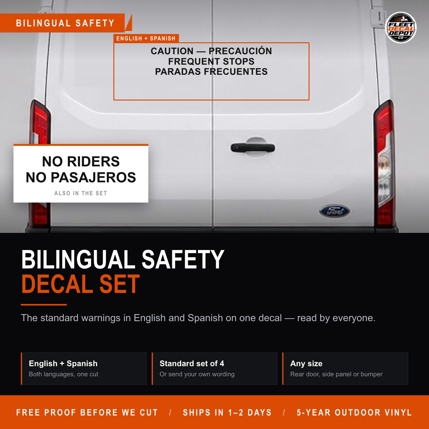 Bilingual Safety Decal Set English and Spanish, Frequent Stops No Riders Truck Warning Stickers, Custom Wording Vinyl Labels