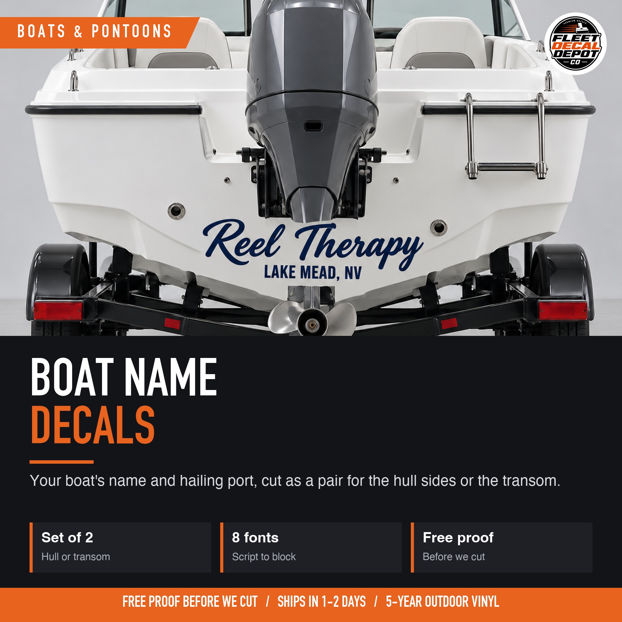 Custom Boat Name Decal Set of 2, Transom Lettering with Hailing Port, Marine Grade Vinyl for Boat Hull Pontoon or Sailboat