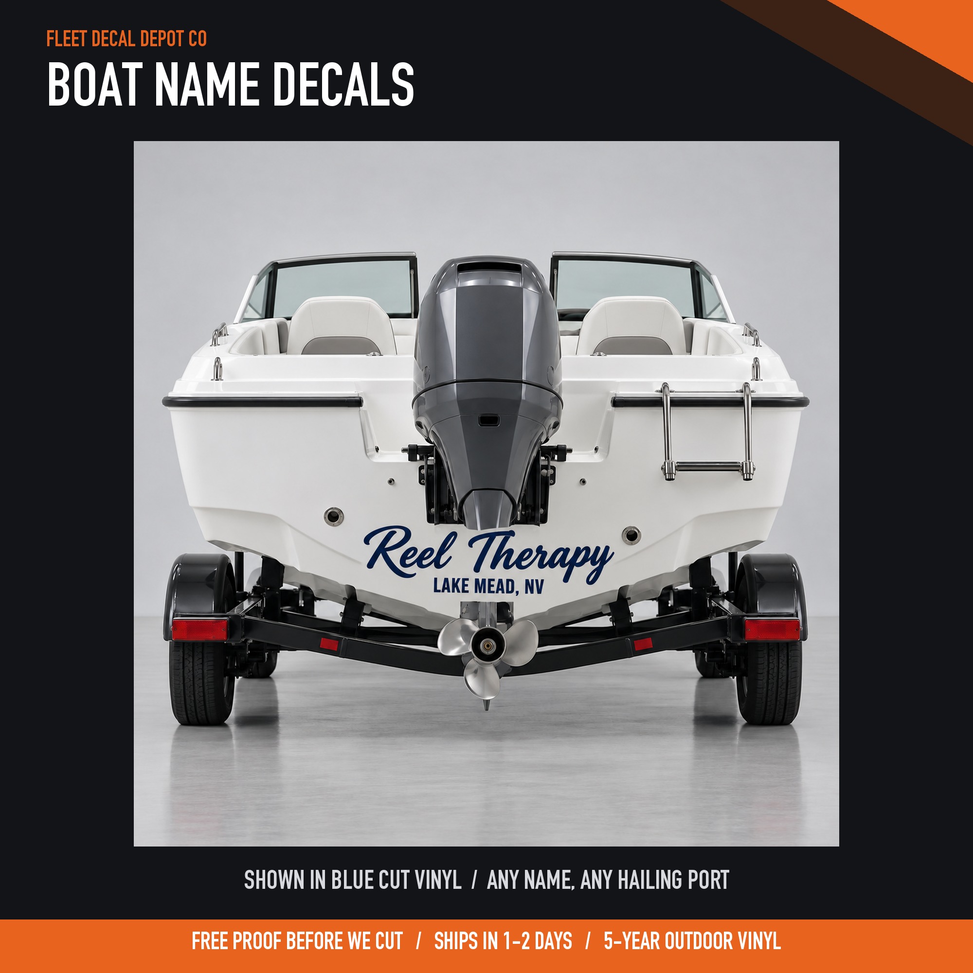 Custom Boat Name Decal Set of 2 — shown on a work truck (product photo 2 of 3)