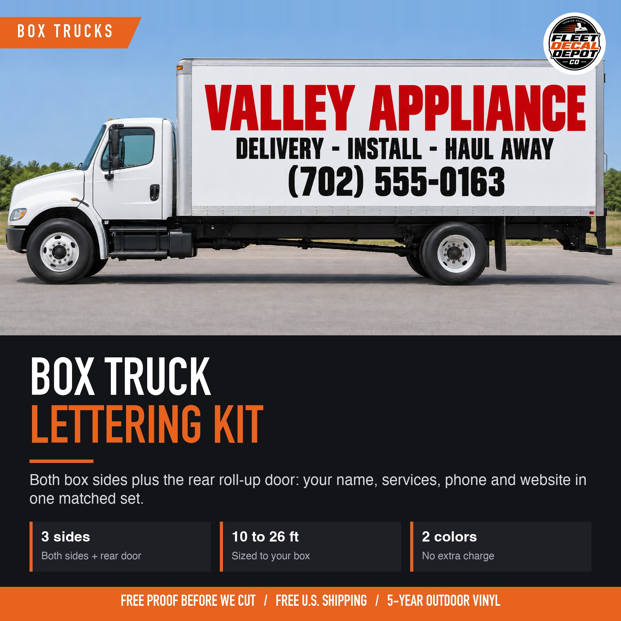 Box Truck Lettering Kit for Both Sides and Rear Door, Custom Business Name Services and Phone Vinyl Graphics for 10 to 26 Ft Trucks