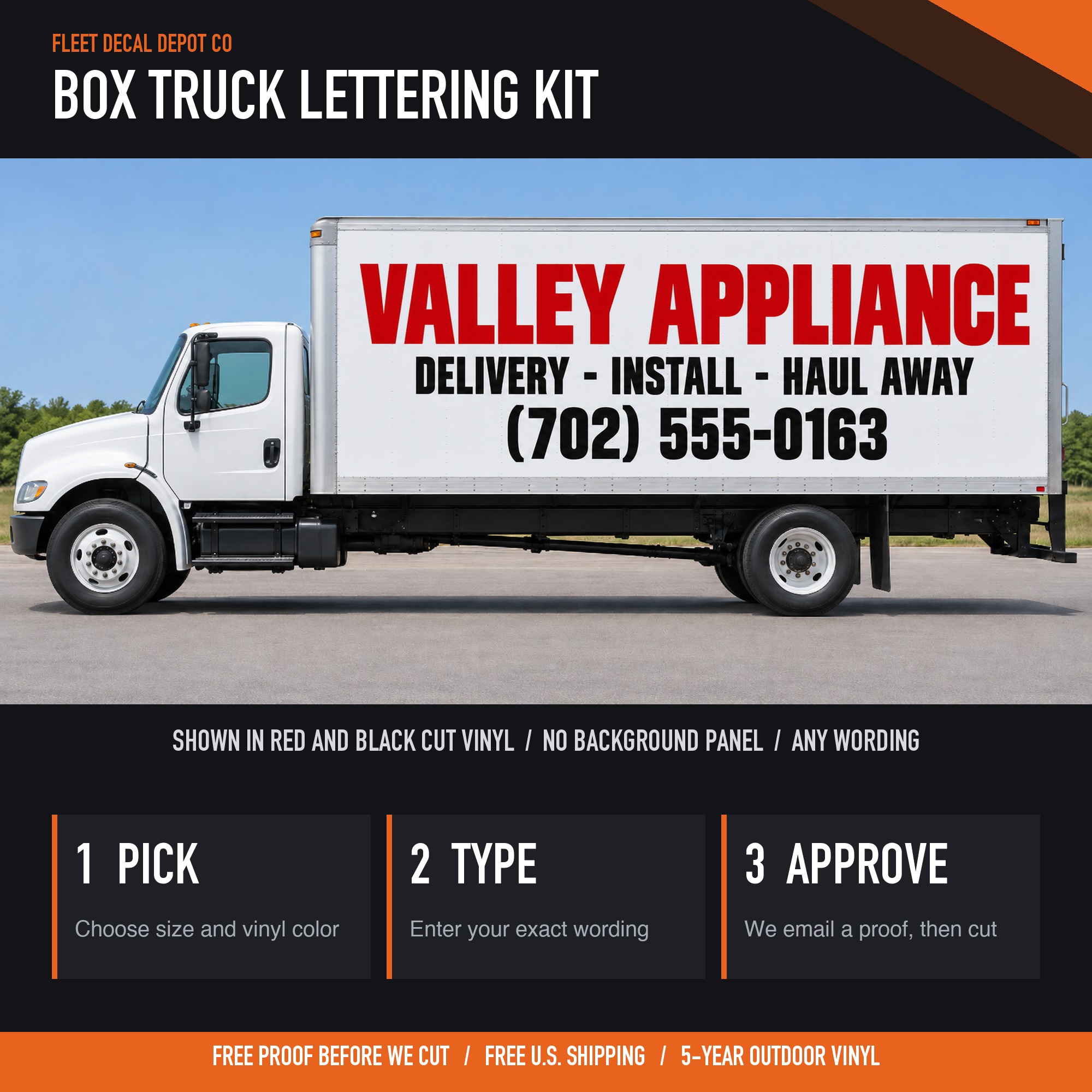 Box Truck Lettering Kit for Both Sides and Rear Door — shown on a work truck (product photo 2 of 4)