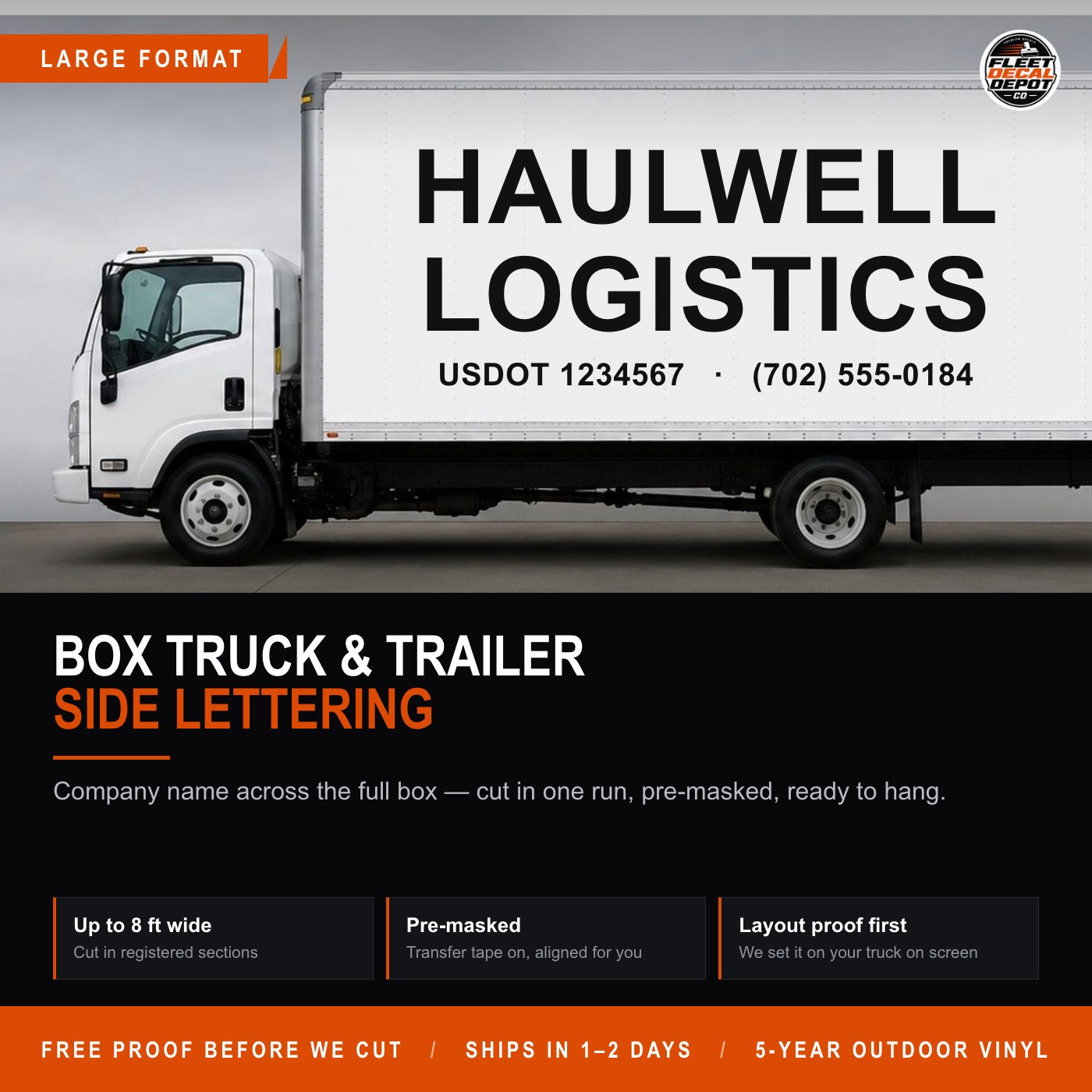 Box Truck Lettering Large Format, Custom Company Name Vinyl Decal for Trailer Side, Business Truck Graphics Up To 8 Feet Wide Pre Masked