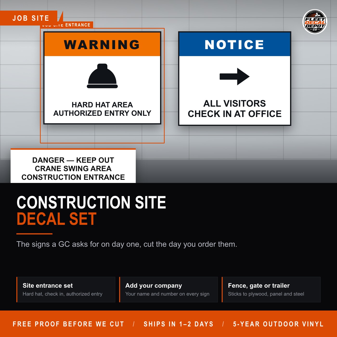 Construction Site Sign Decals, Hard Hat Area Authorized Entry Only Visitors Check In Keep Out, Custom Job Site Vinyl with Company Name
