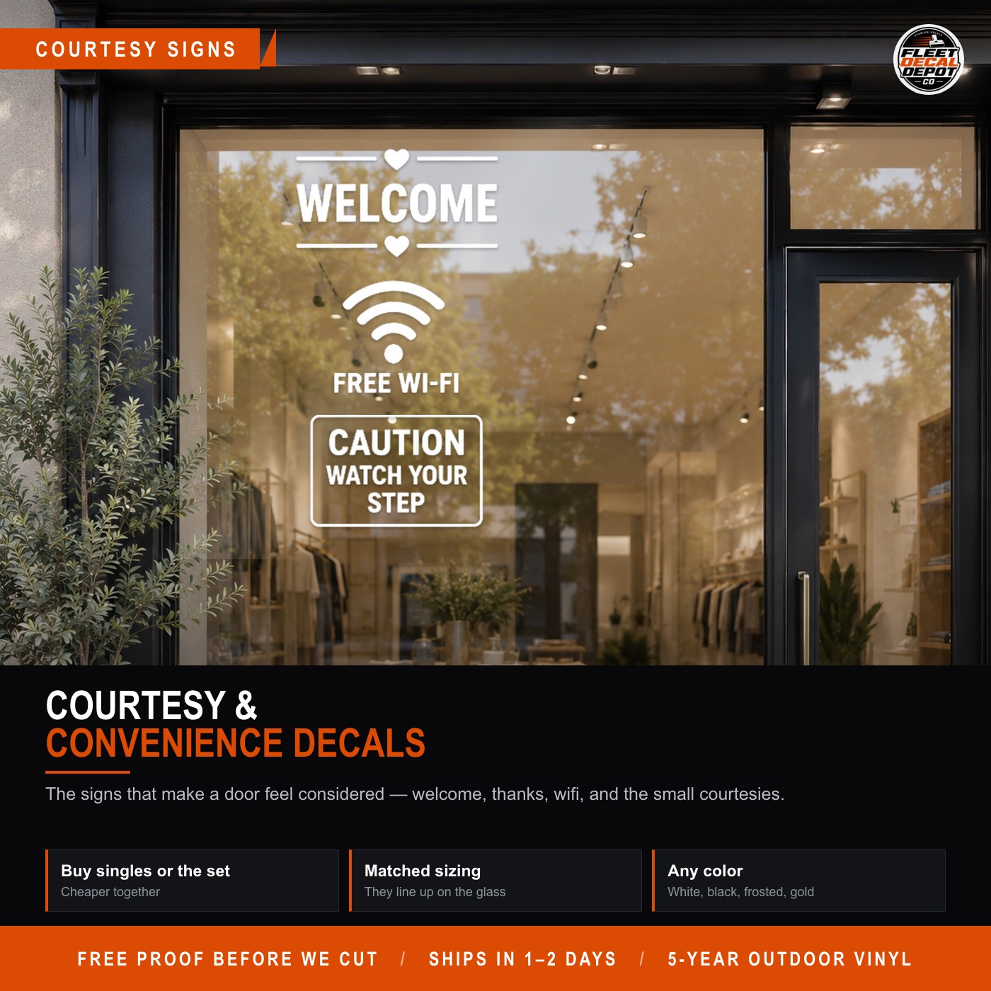 Courtesy Door Decal Set, Welcome Thank You Free WiFi Watch Your Step Please Wait Here Vinyl Window Stickers