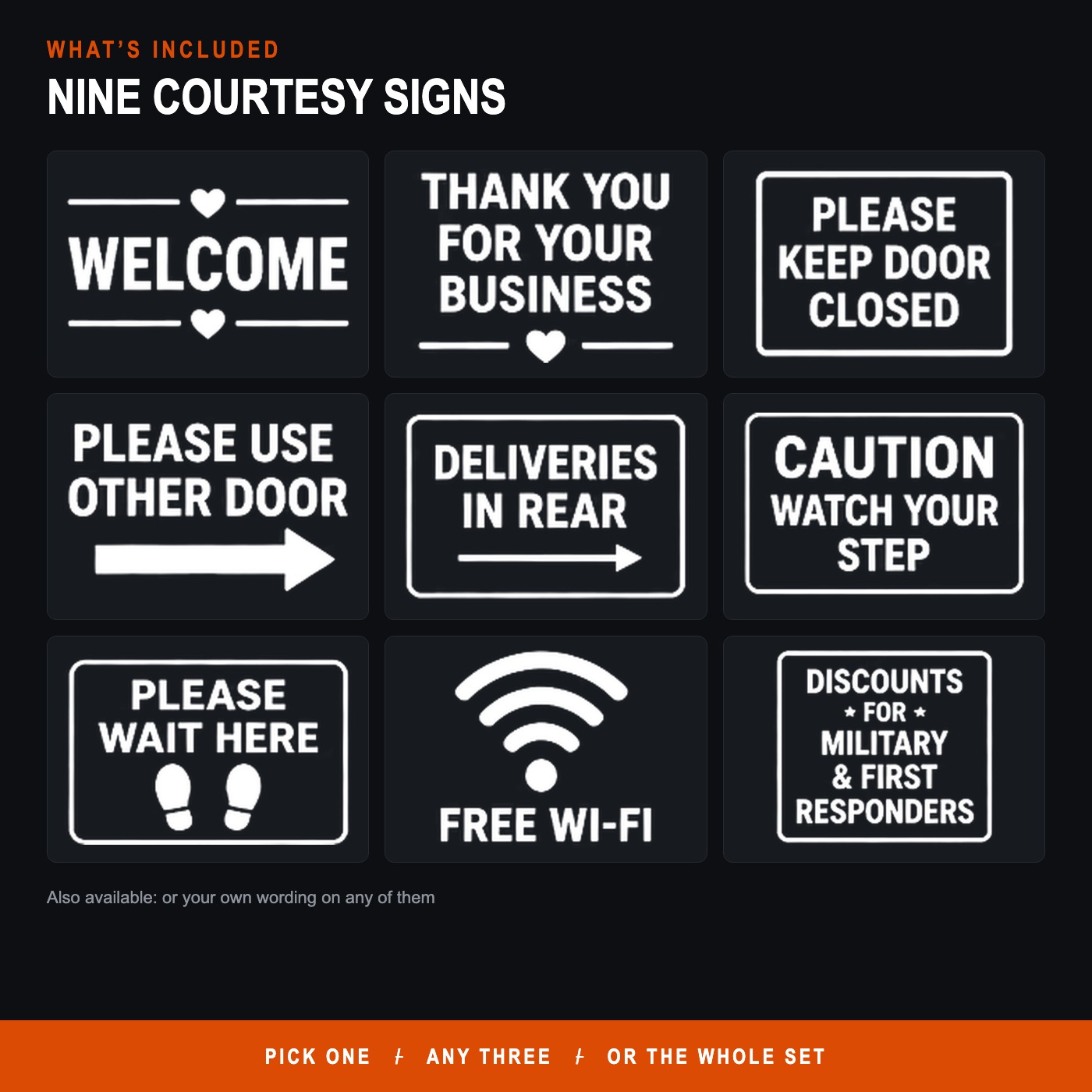 Courtesy Door Decal Set, Welcome Thank You Free WiFi Watch Your Step Please Wait Here Vinyl Window Stickers — photo 1