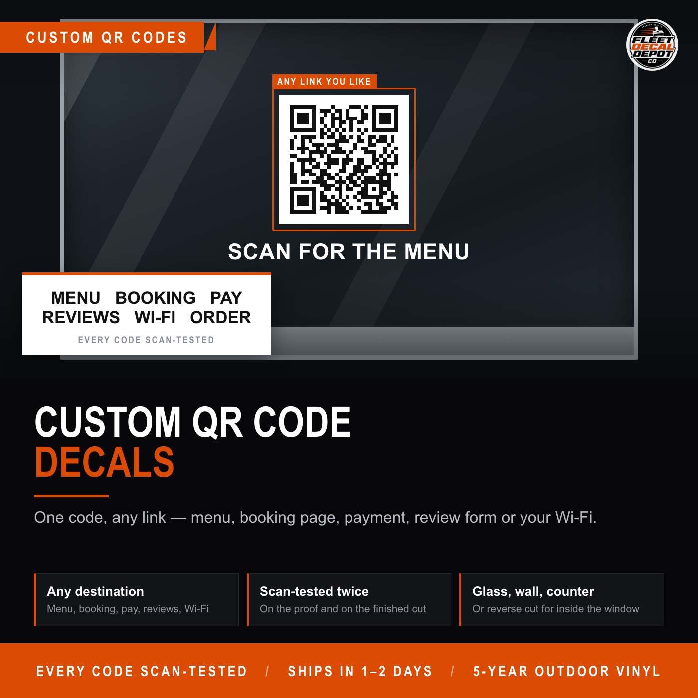 Custom QR Code Decal for Any Link, Scan for Menu Booking Payment or Wifi Vinyl Sticker for Window Counter or Vehicle, Scan Tested