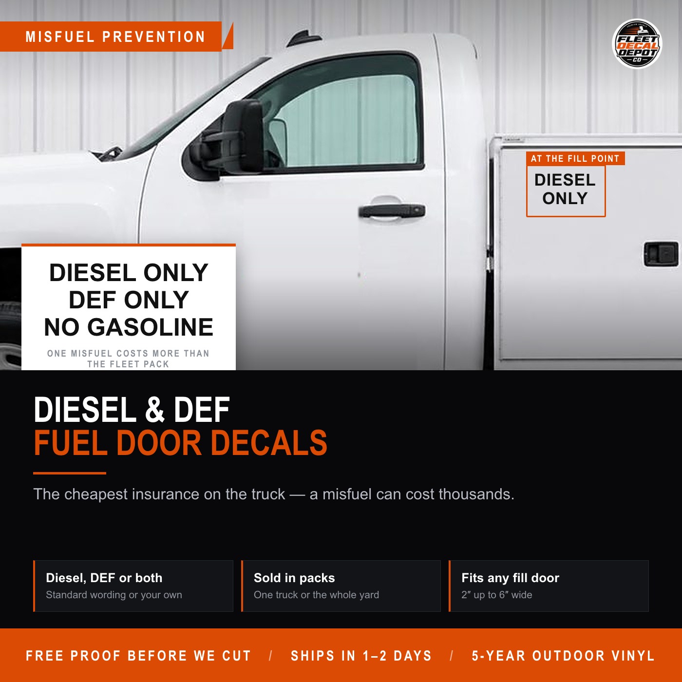 Diesel Only Fuel Door Decal, DEF Only Sticker Set for Truck Fill Point, Misfuel Prevention Fleet Vinyl Labels Any Size