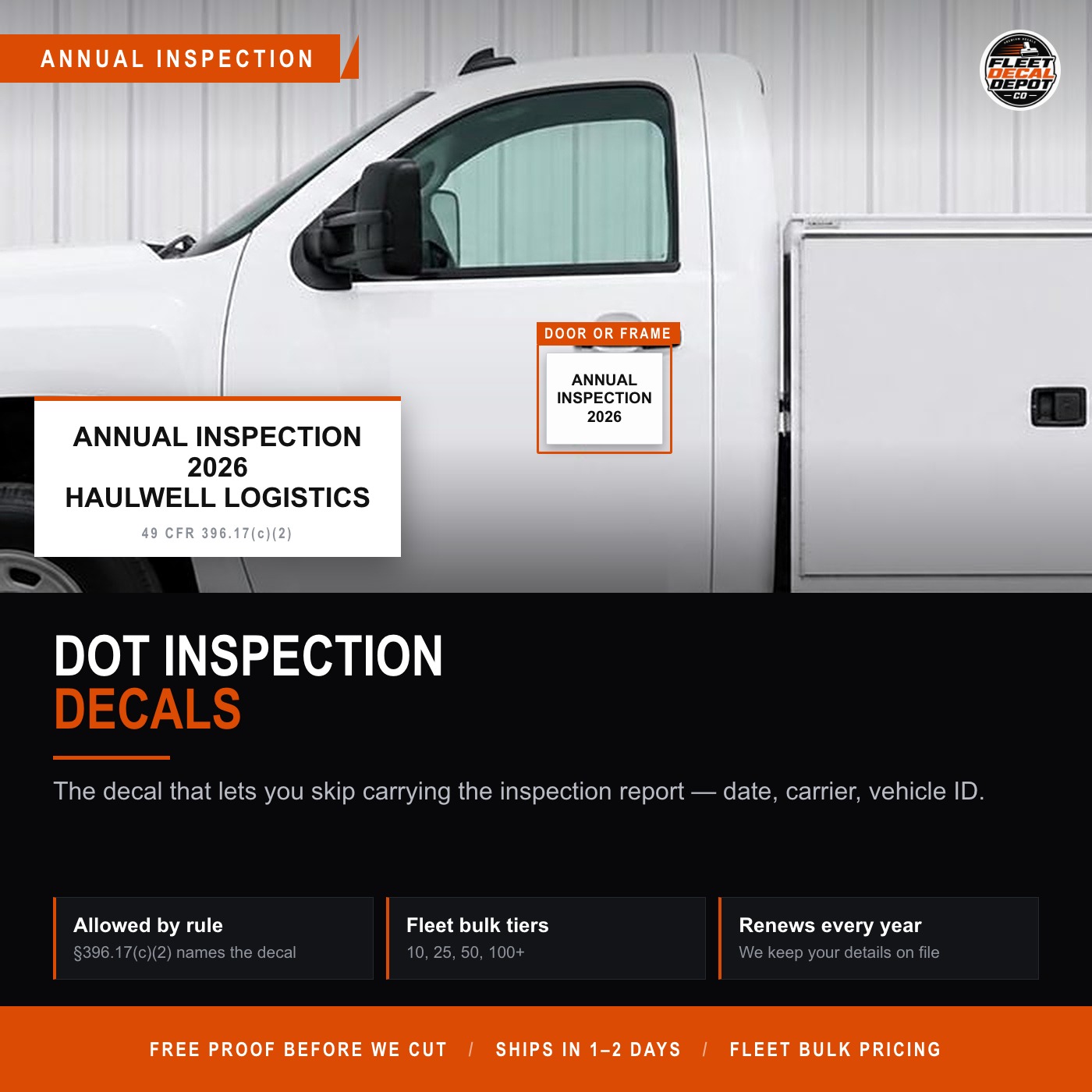 DOT Annual Inspection Decal Set of 2, Custom Truck Inspection Sticker with Date and Carrier Name, 49 CFR 396.17 Fleet Compliance Label
