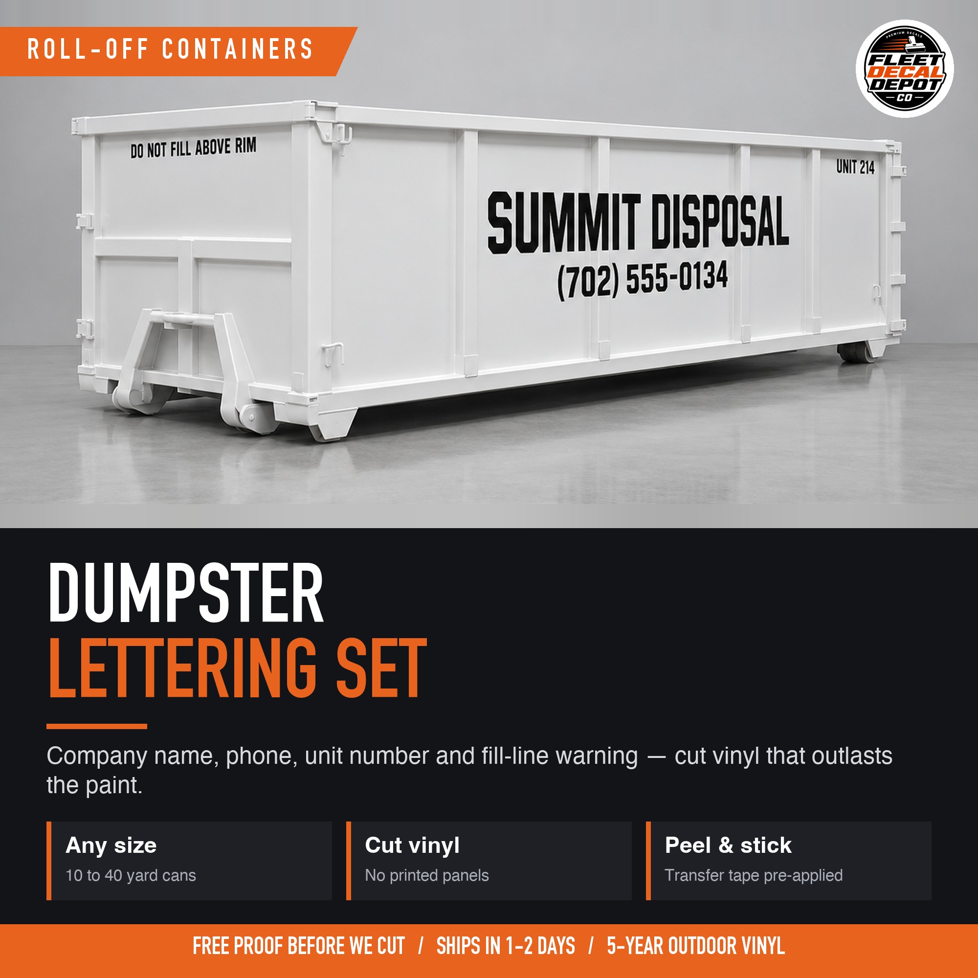 Dumpster Lettering Set, Roll Off Container Company Name Phone Number and Unit Number Decals, Do Not Overfill Warning Vinyl