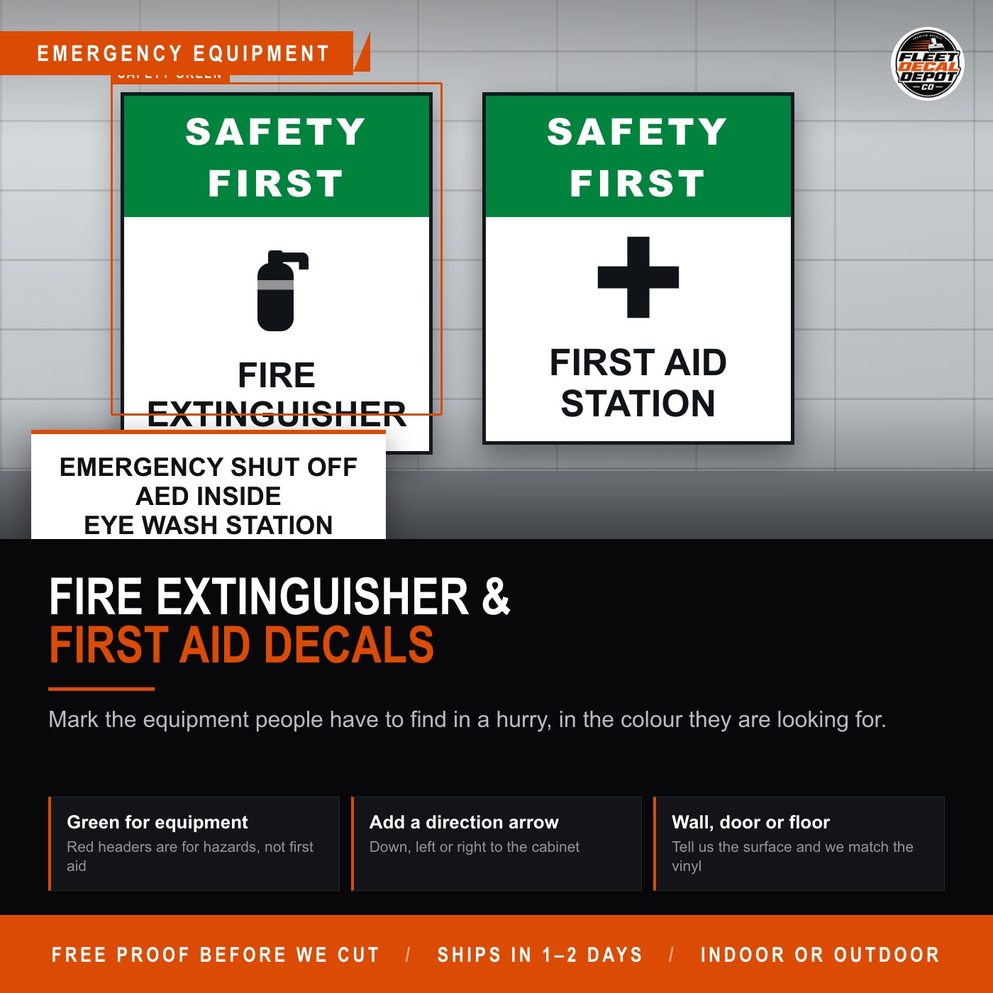 Fire Extinguisher Decal, First Aid Station AED Emergency Shut Off Signs, Custom Vinyl Safety Labels with Arrow for Shop or Warehouse