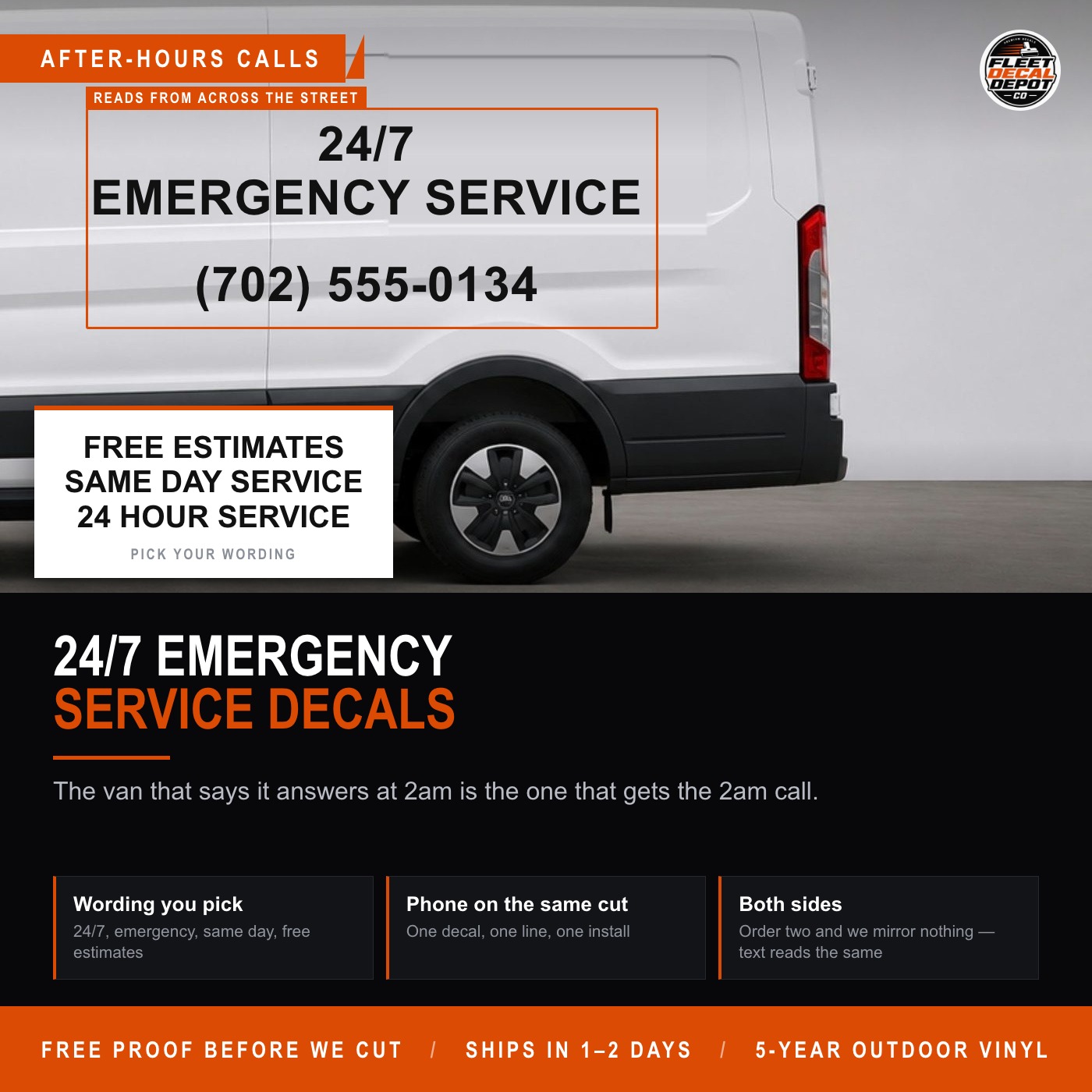 24 7 Emergency Service Decal for Work Van, Custom Free Estimates Same Day Service Truck Lettering with Phone Number, Trade Van Vinyl Sticker
