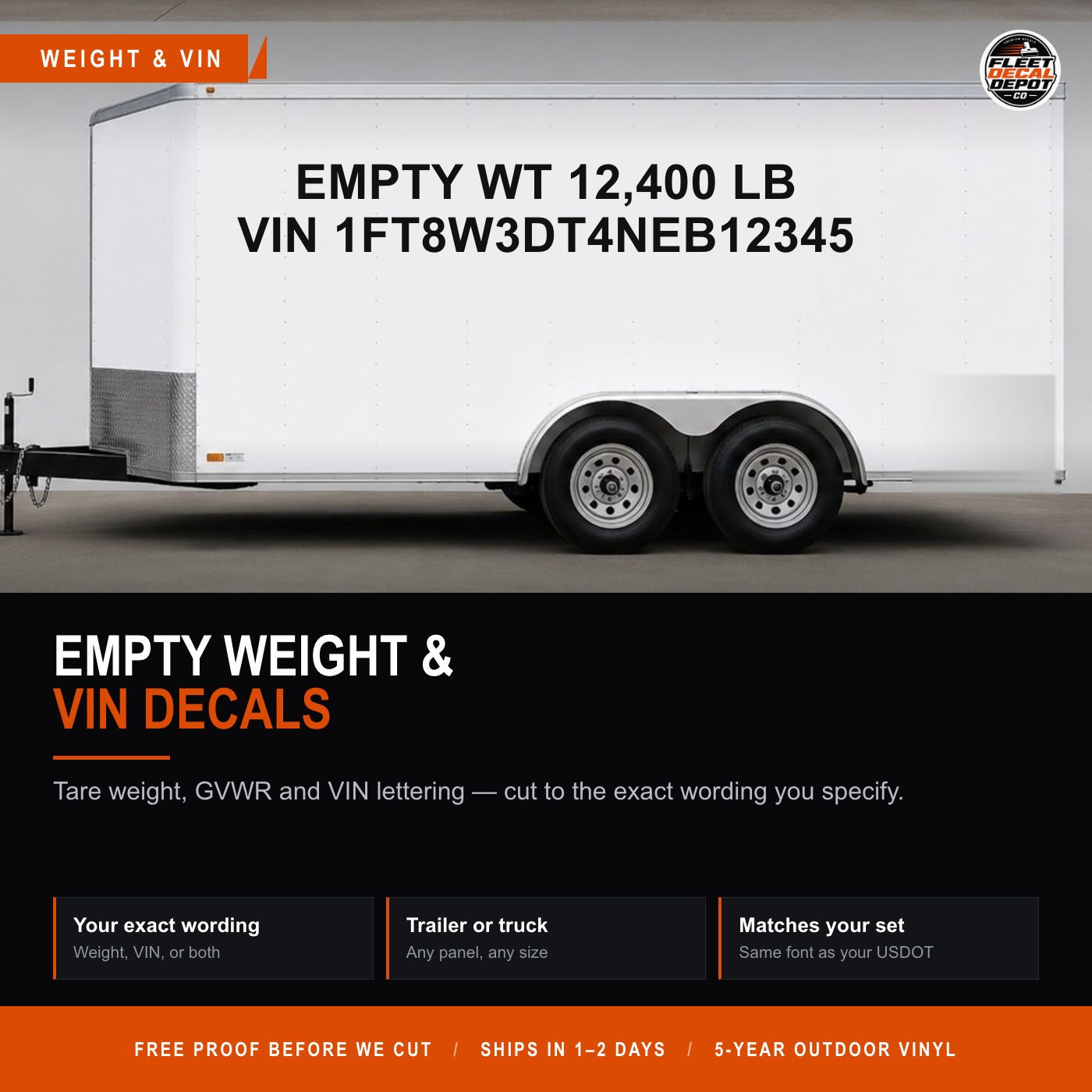 Empty Weight and VIN Decal for Truck Trailer Set of 2, Custom Tare Weight GVWR Vinyl Lettering, DOT Compliance Sticker Any Wording