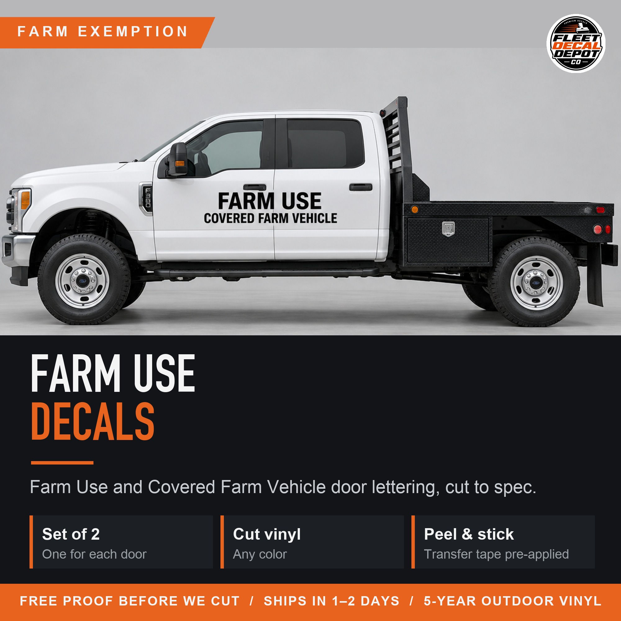 Farm Use Decal Set of 2, Covered Farm Vehicle Truck Door Sticker, Ag Exempt Farm Truck Vinyl Lettering