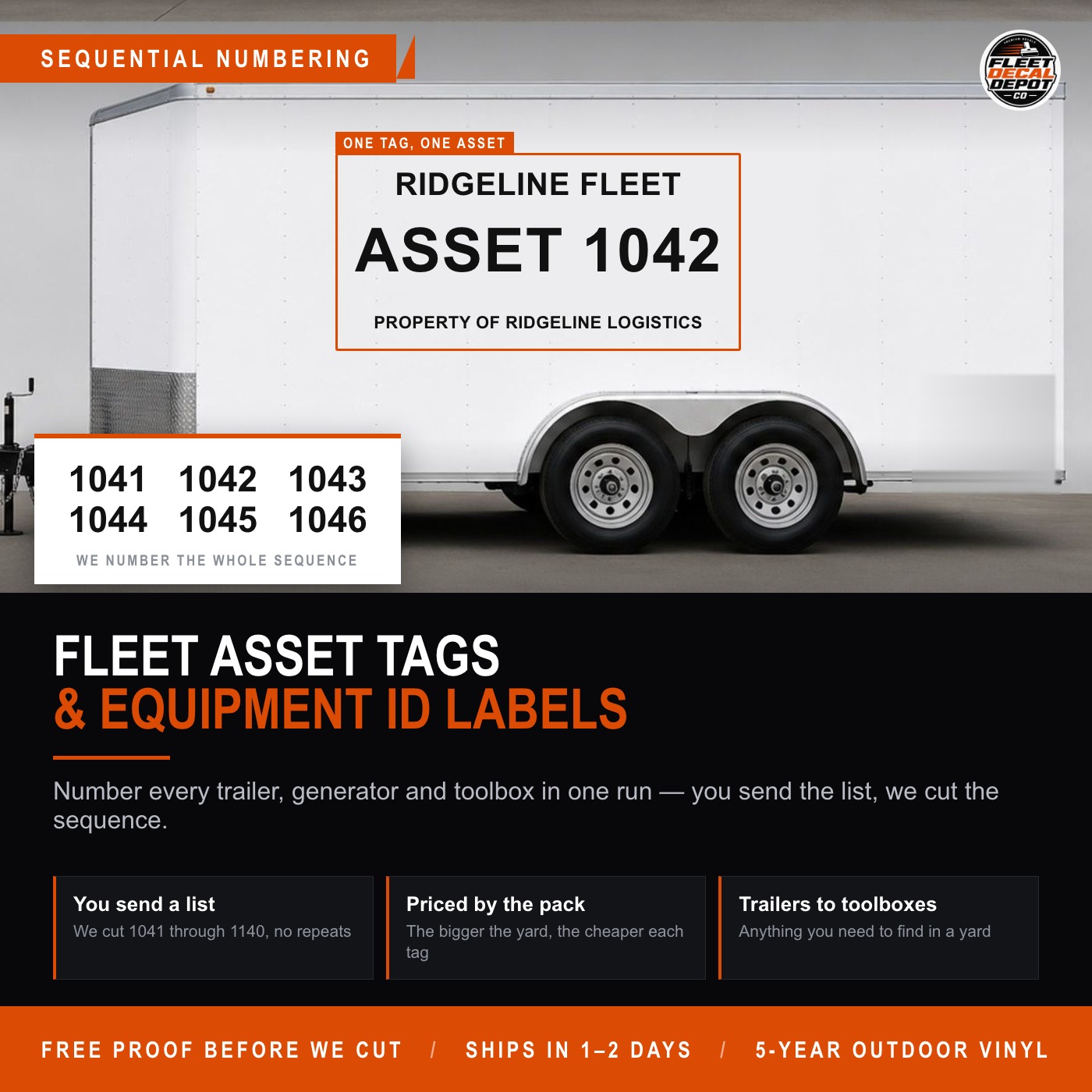 Fleet Asset Tag Decals in Bulk, Custom Sequential Equipment ID Number Labels for Trailers Toolboxes Generators, Property Of Vinyl Stickers