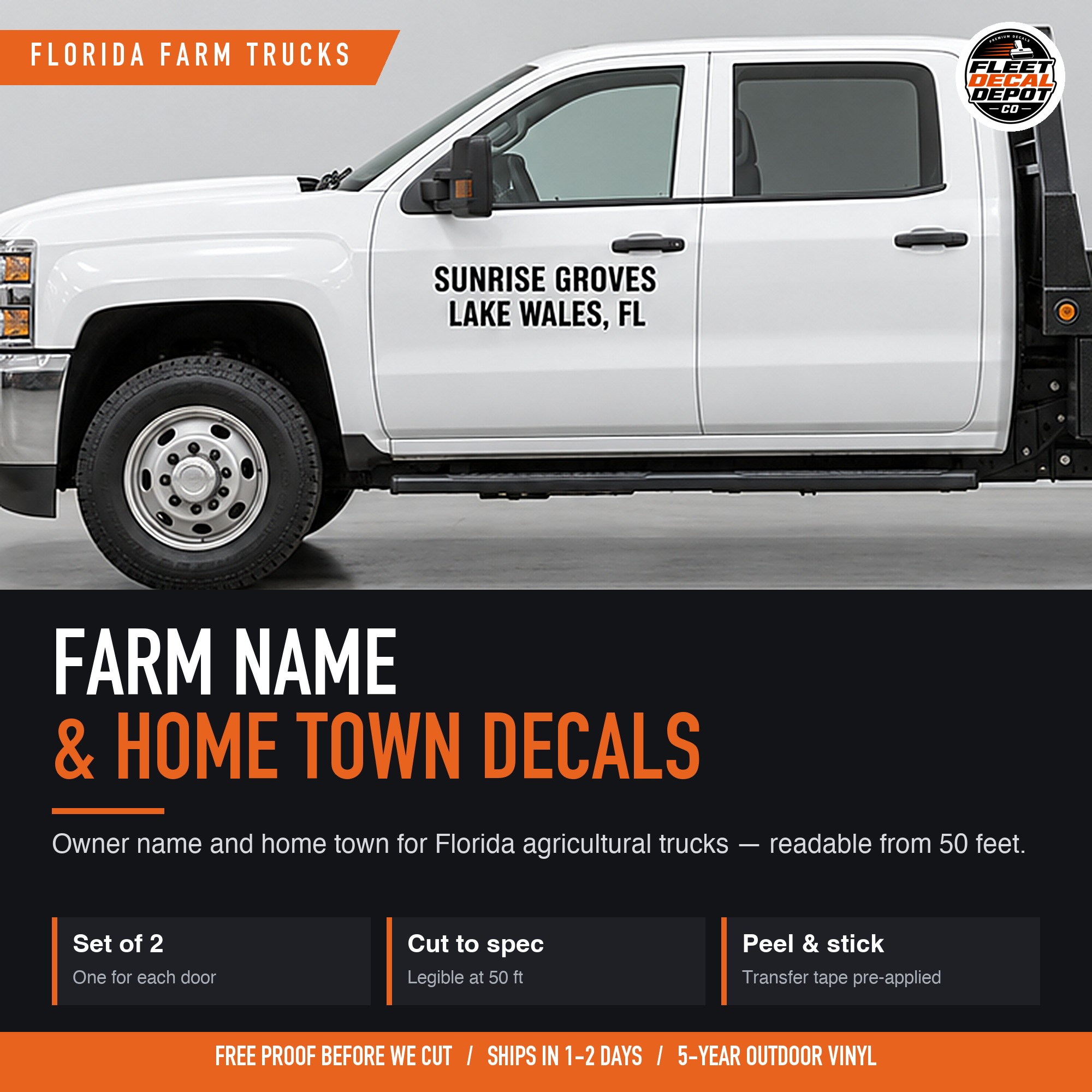 Florida Farm Truck Name and Home Town Decal Set of 2, Ag Exempt Truck Door Lettering, Custom Vinyl Sticker