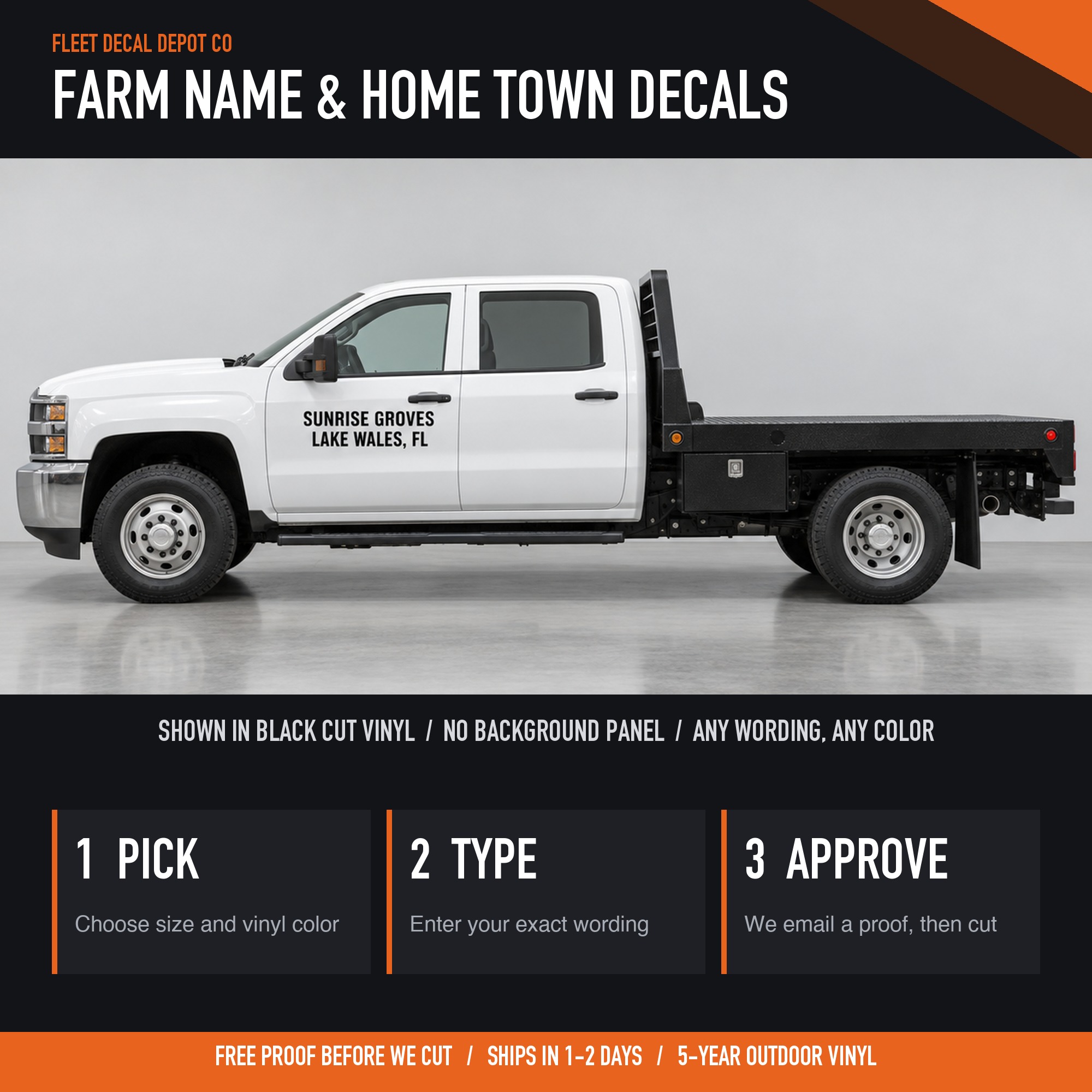 Florida Farm Truck Name and Home Town Decal Set of 2 — shown on a commercial vehicle (product photo 2 of 2)