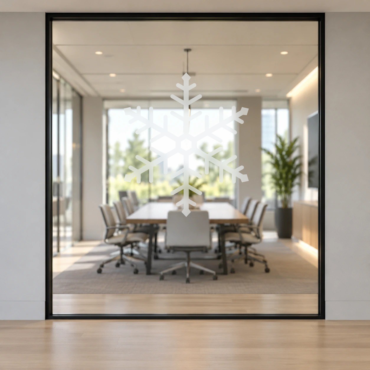 24 inch frosted snowflake decal on a glass conference room wall (product photo 2 of 6)