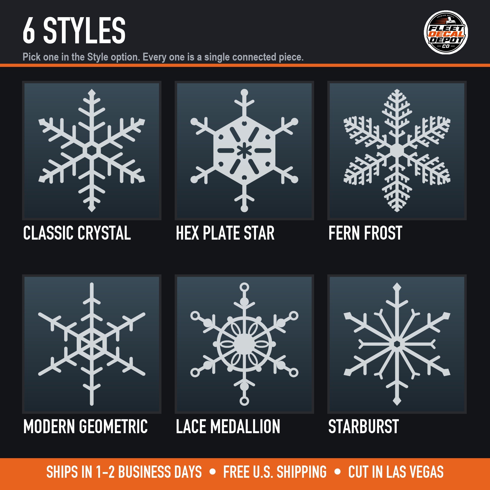 The six snowflake styles: Classic Crystal, Hex Plate Star, Fern Frost, Modern Geometric, Lace Medallion and Starburst (product photo 3 of 6)