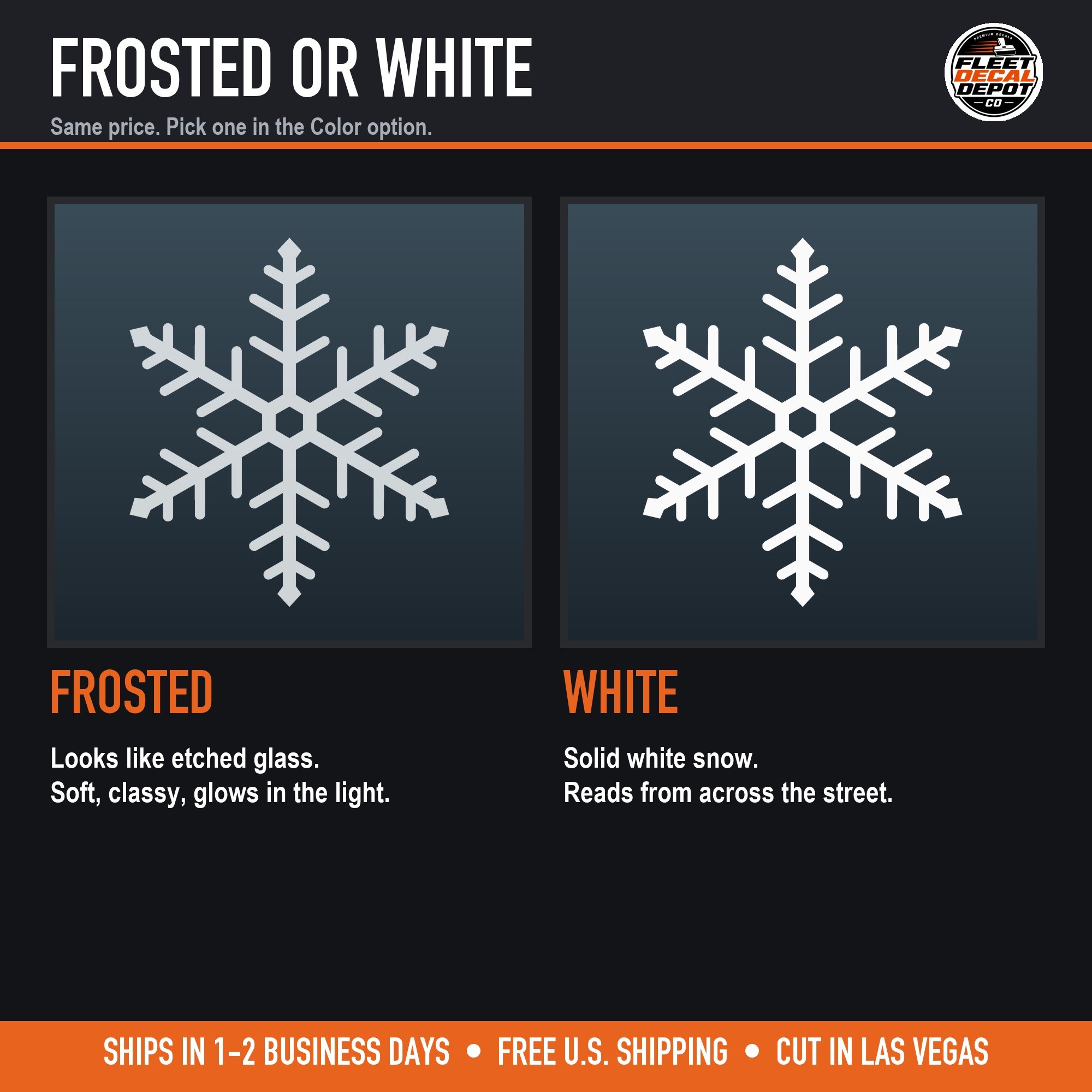 The same snowflake in frosted etched-glass vinyl and in solid white vinyl (product photo 4 of 6)