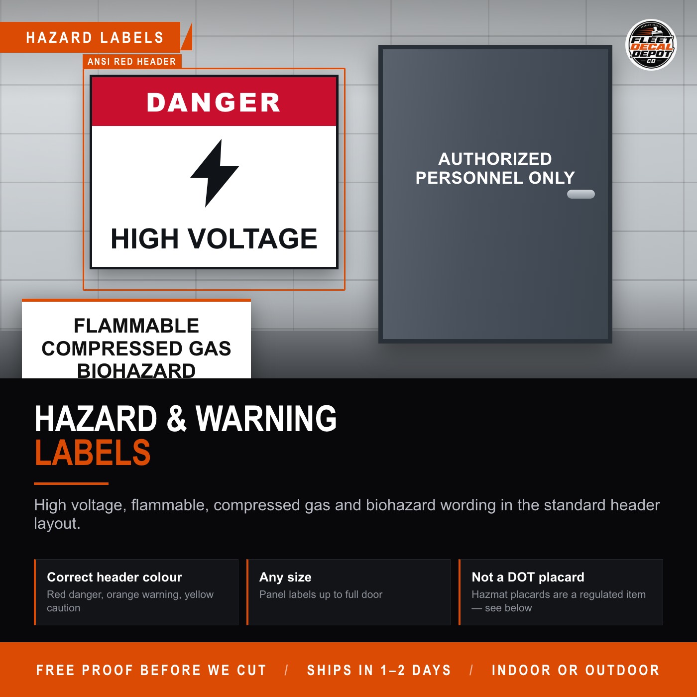 Danger High Voltage Decal, Flammable Compressed Gas Biohazard Warning Labels, Custom Wording Vinyl Safety Stickers for Panels and Doors