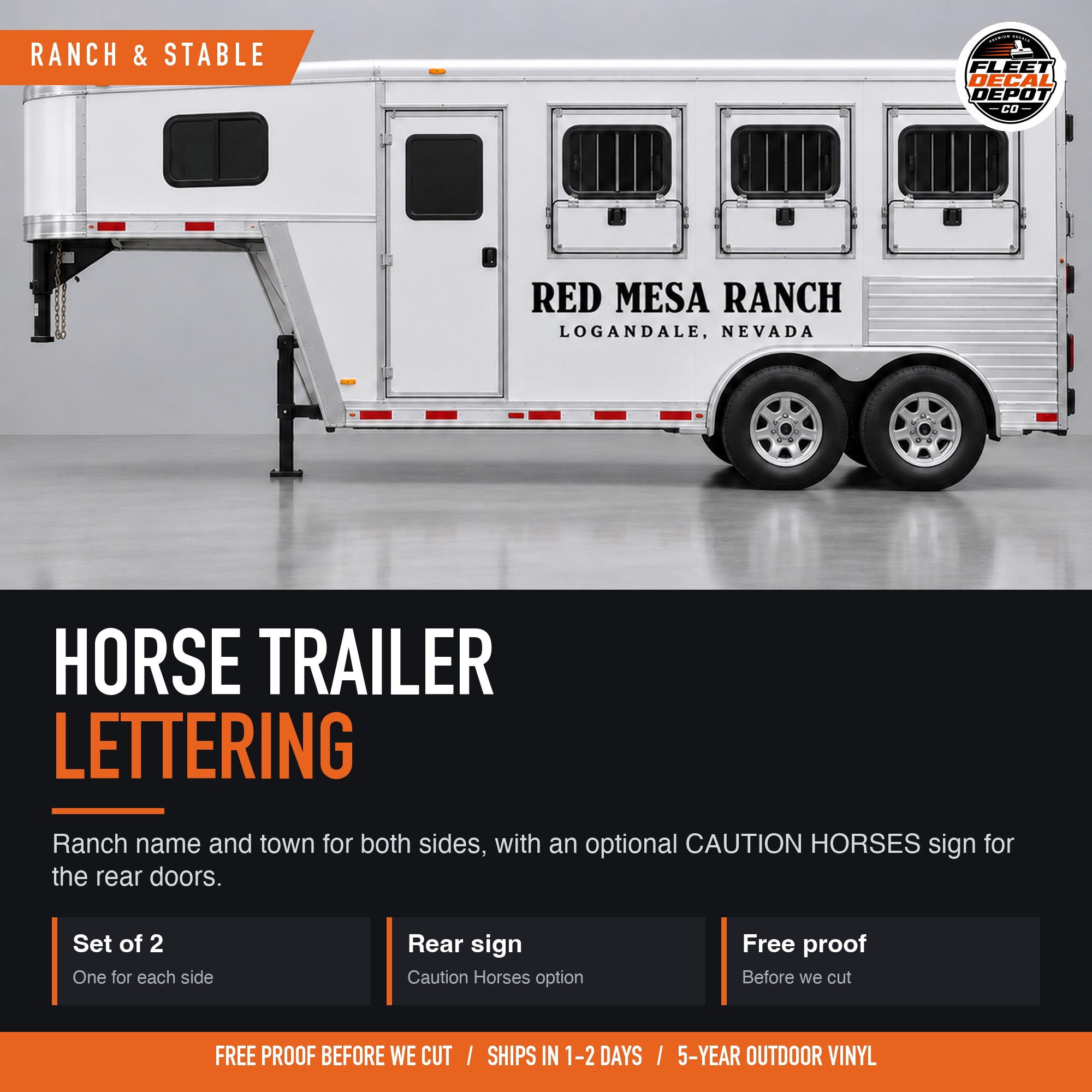 Horse Trailer Lettering, Custom Ranch Name and Town Decal Set of 2, Farm Name Livestock Trailer Vinyl with Caution Horses Rear Sign