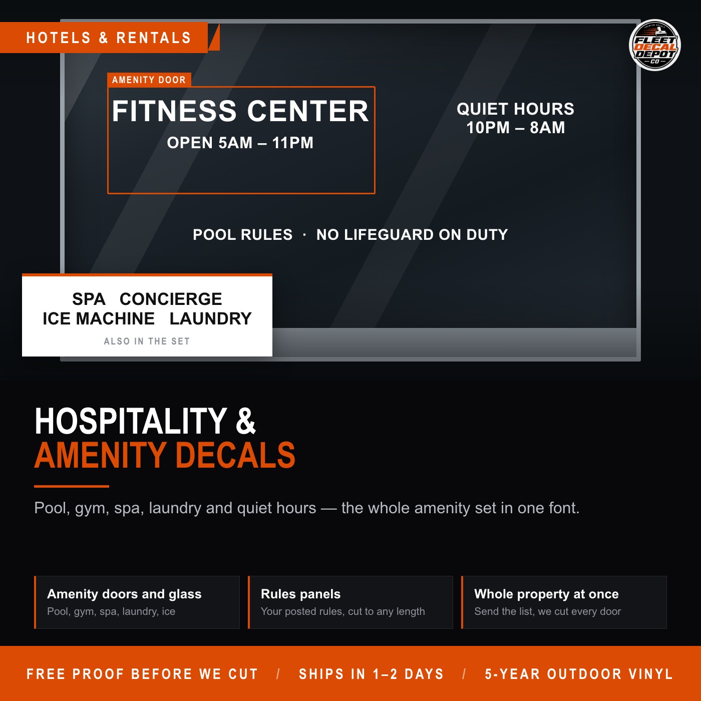 Hotel Amenity Decal Set, Pool Rules Fitness Center Spa Quiet Hours Ice Machine Laundry Signs, Custom Vinyl for Hotels and Rentals