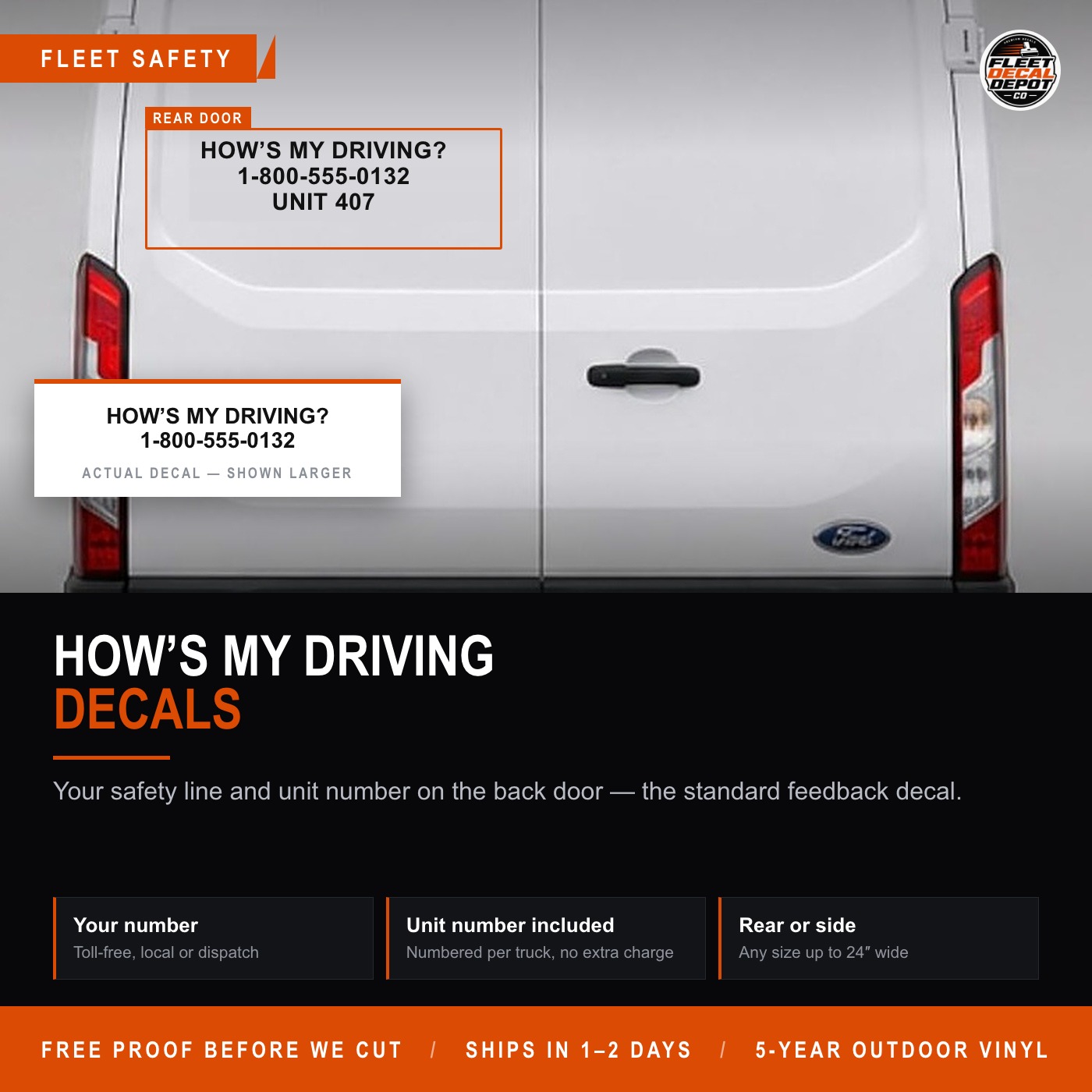 Hows My Driving Decal Set of 2, Custom Phone Number and Unit Number Vinyl Truck Sticker, Fleet Safety Program Label for Vans and Trailers