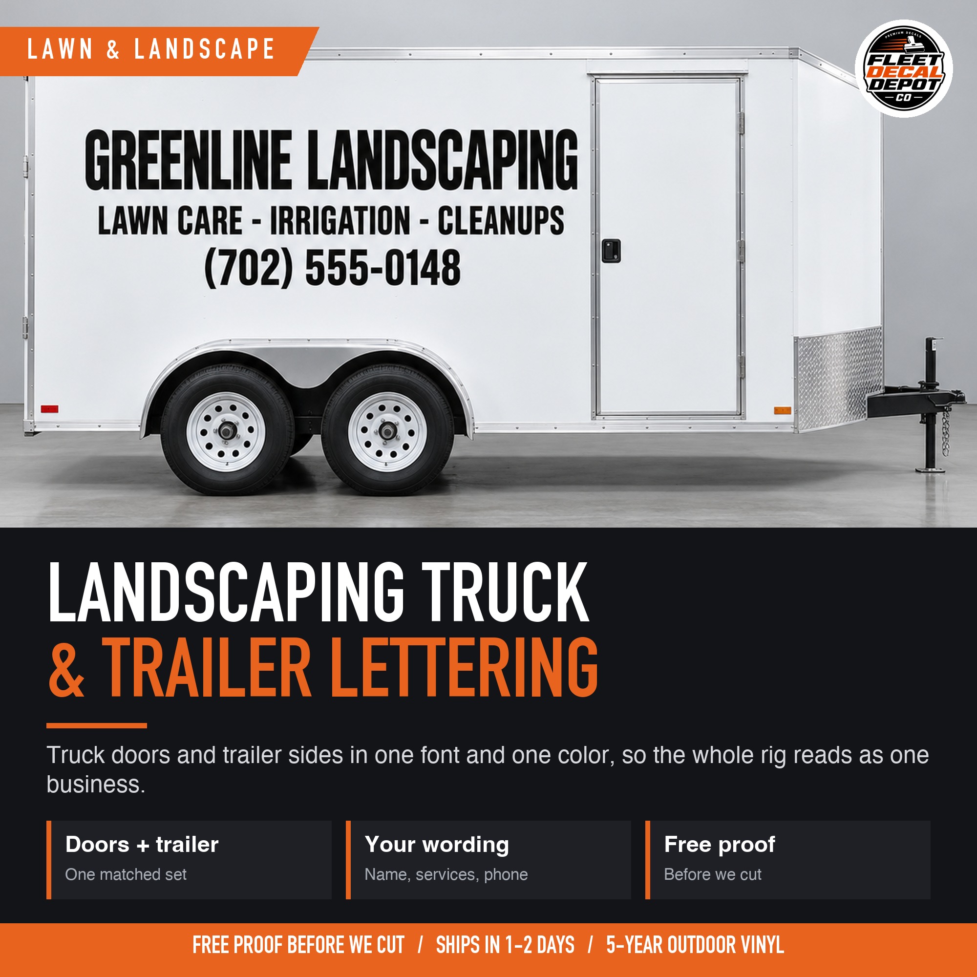Landscaping Truck and Trailer Lettering Package, Lawn Care Business Name Phone Door Decals, Enclosed Trailer Side Vinyl Graphics