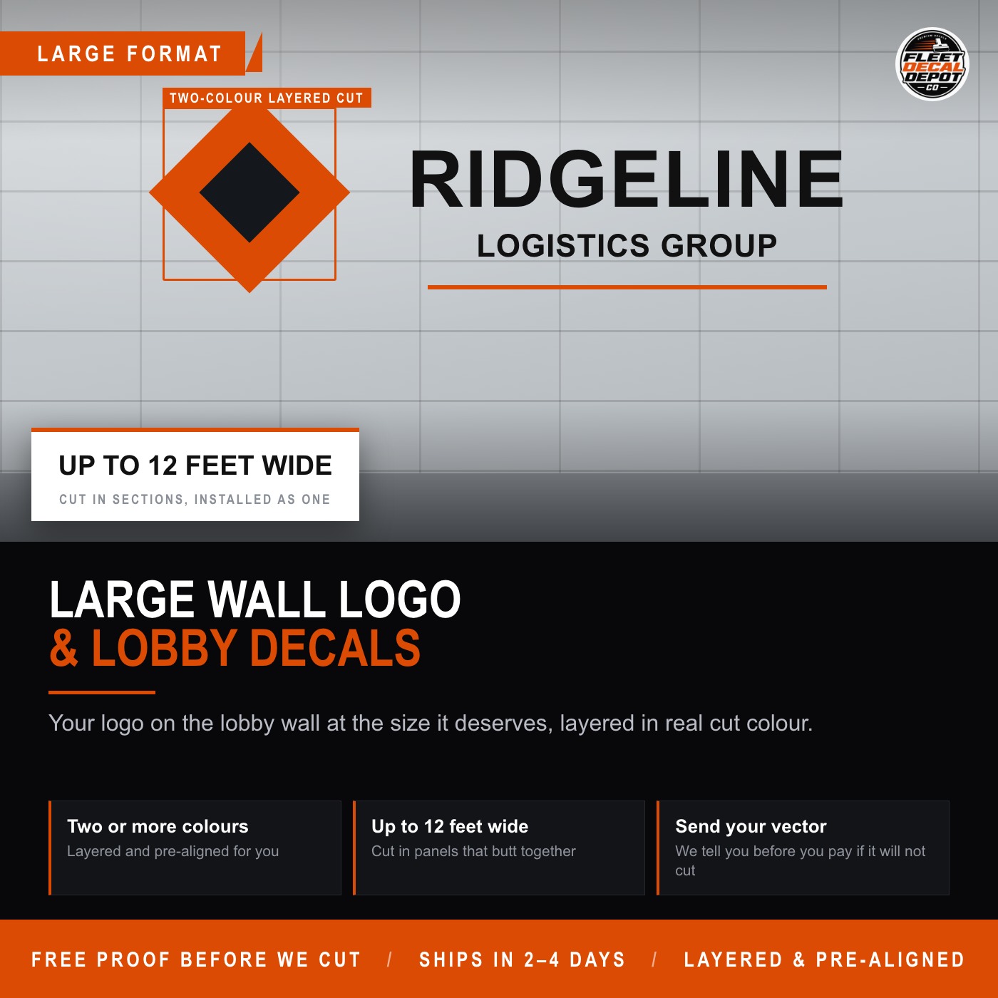 Large Wall Logo Decal for Office Lobby, Custom Layered Two Color Vinyl Business Sign up to 12 Feet Wide, Reception Wall Graphics