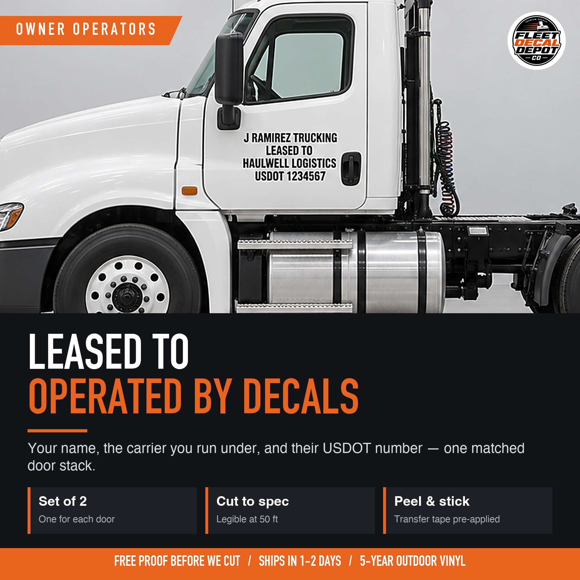 Leased To Decal Set of 2, Operated By Truck Door Lettering for Owner Operators, Carrier Name and USDOT Vinyl Stack