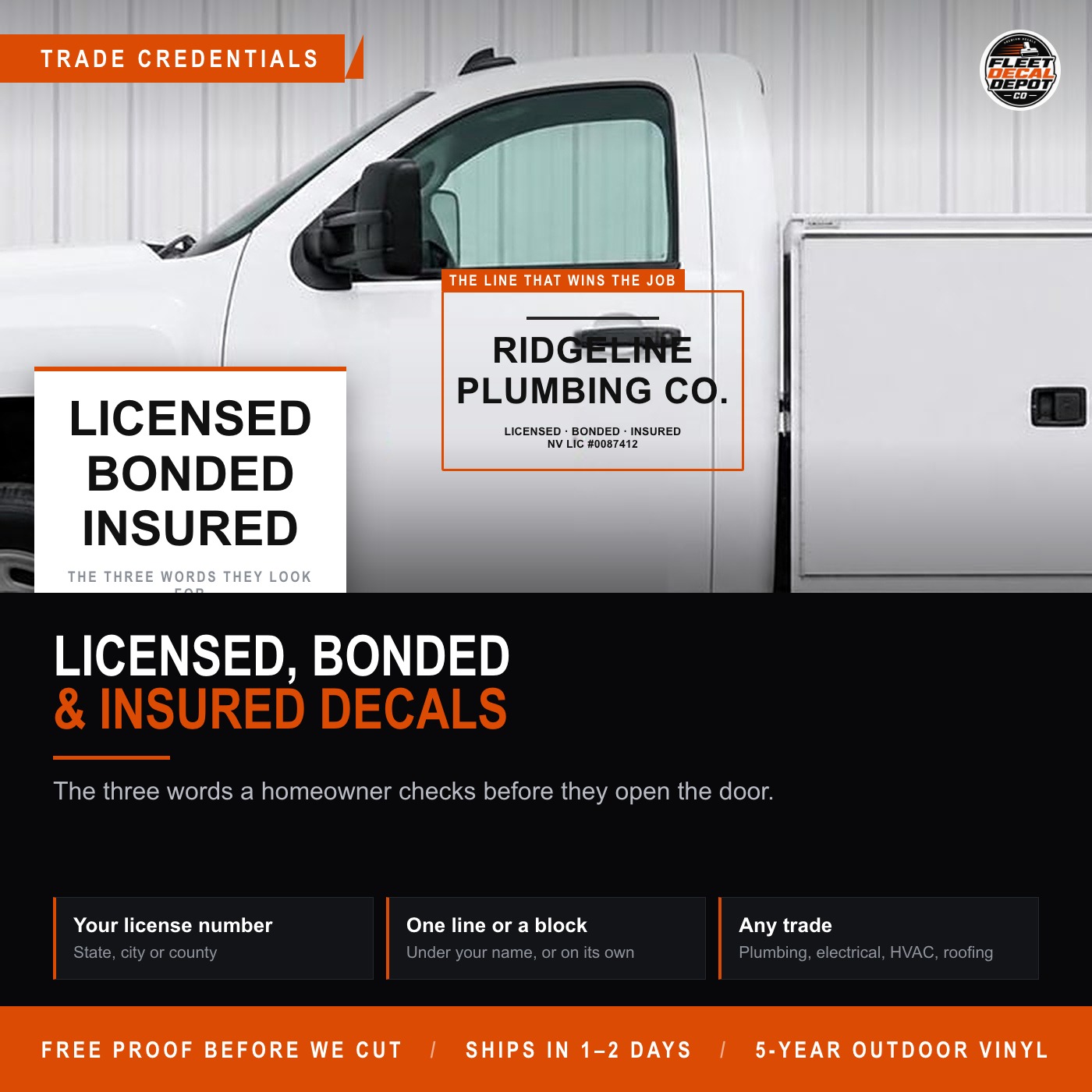 Licensed Bonded and Insured Decal Set of 2, Custom Contractor Truck Door Lettering with License Number, Plumber Electrician HVAC Van Vinyl