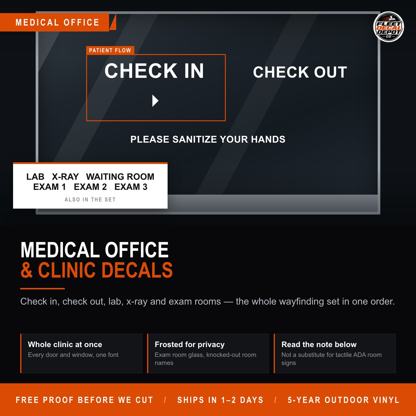 Medical Office Door Decals, Check In Check Out Lab X Ray Waiting Room Exam Room Signs, Custom Clinic Wayfinding Vinyl with Frosted Privacy