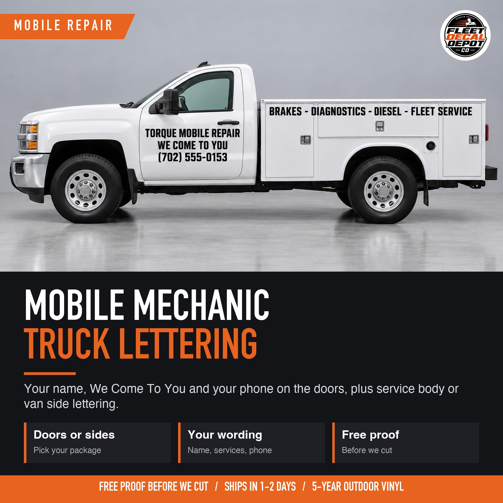 Mobile Mechanic Truck Lettering Package, Mobile Auto Repair We Come to You Door Decals, Service Body and Van Business Name Vinyl