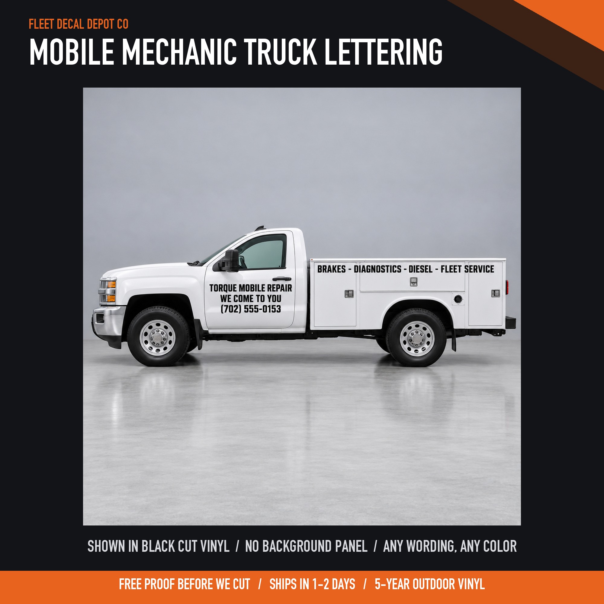 Mobile Mechanic Truck Lettering Package — shown on a work truck (product photo 2 of 2)