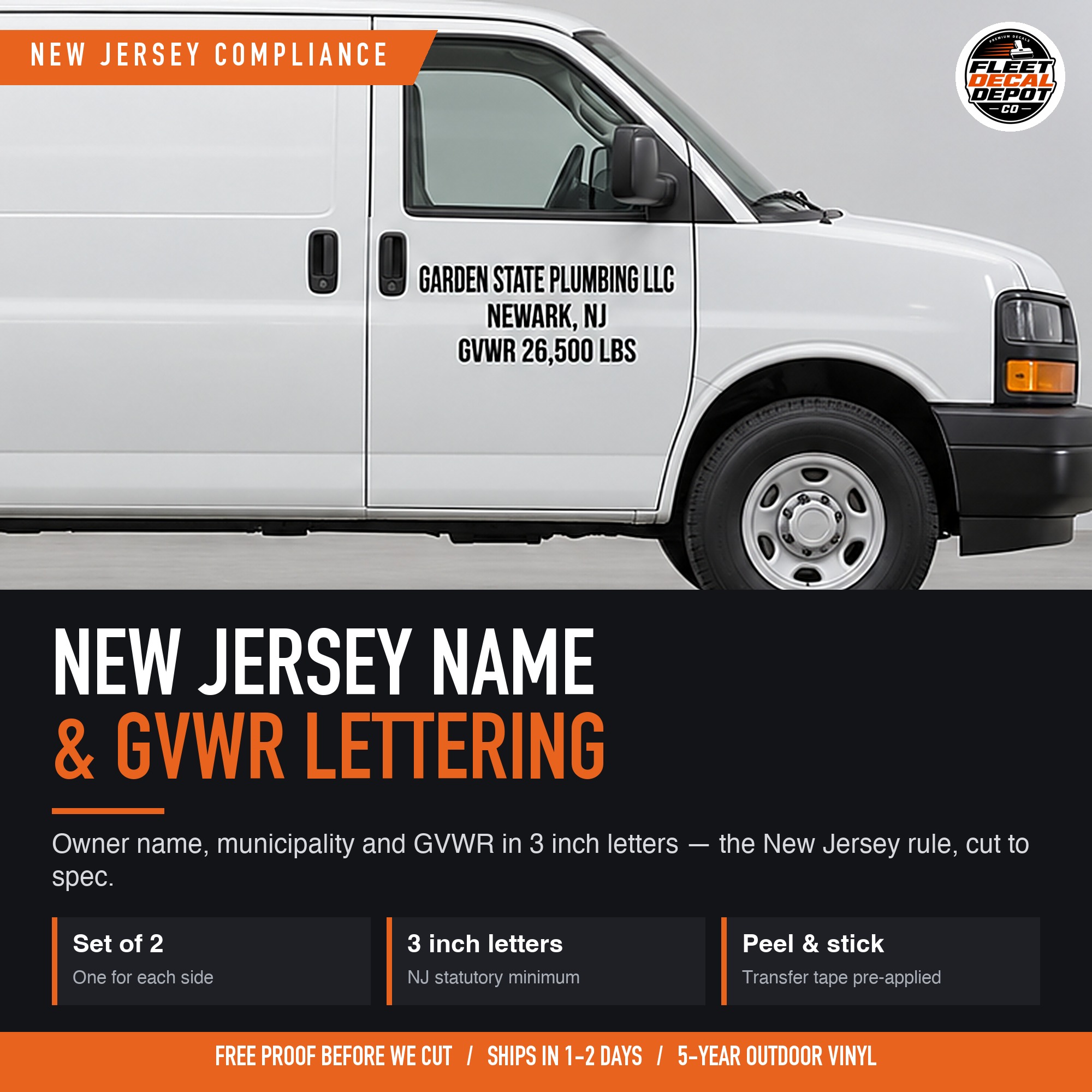 New Jersey Commercial Vehicle Lettering Set of 2, Owner Name and Municipality 3 Inch Decals, NJ Truck and Van Door Lettering