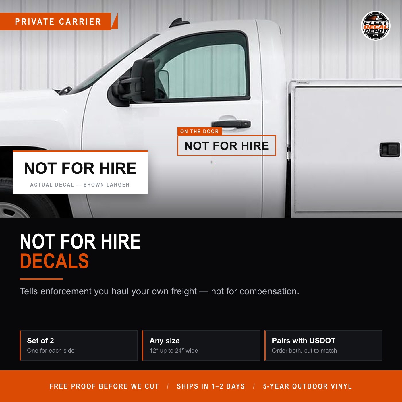 Not For Hire Decal Set of 2, Private Carrier Vinyl Truck Sticker, RV Box Truck Not For Hire Lettering, Custom Size and Color