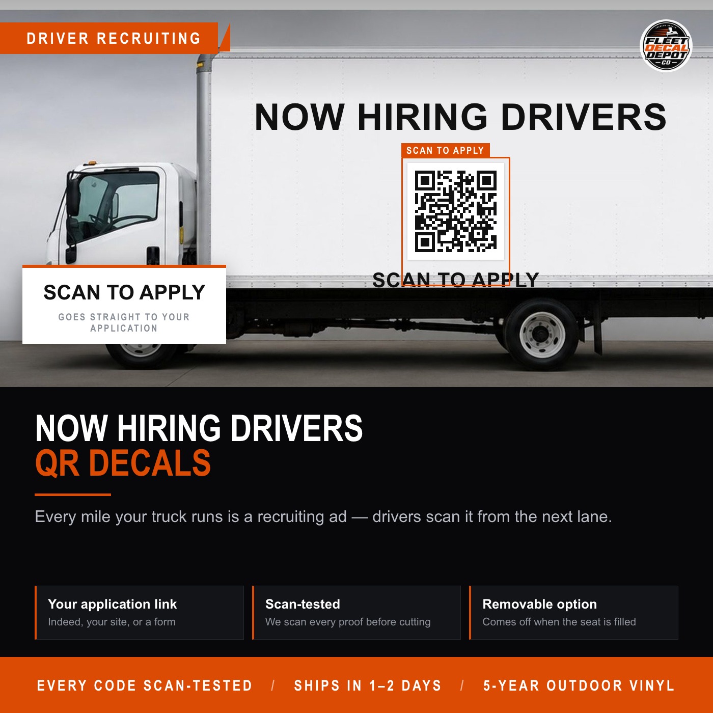 Now Hiring Drivers Decal with QR Code, Scan To Apply Truck Recruiting Vinyl Sticker for Trailer or Box Truck, Custom Link