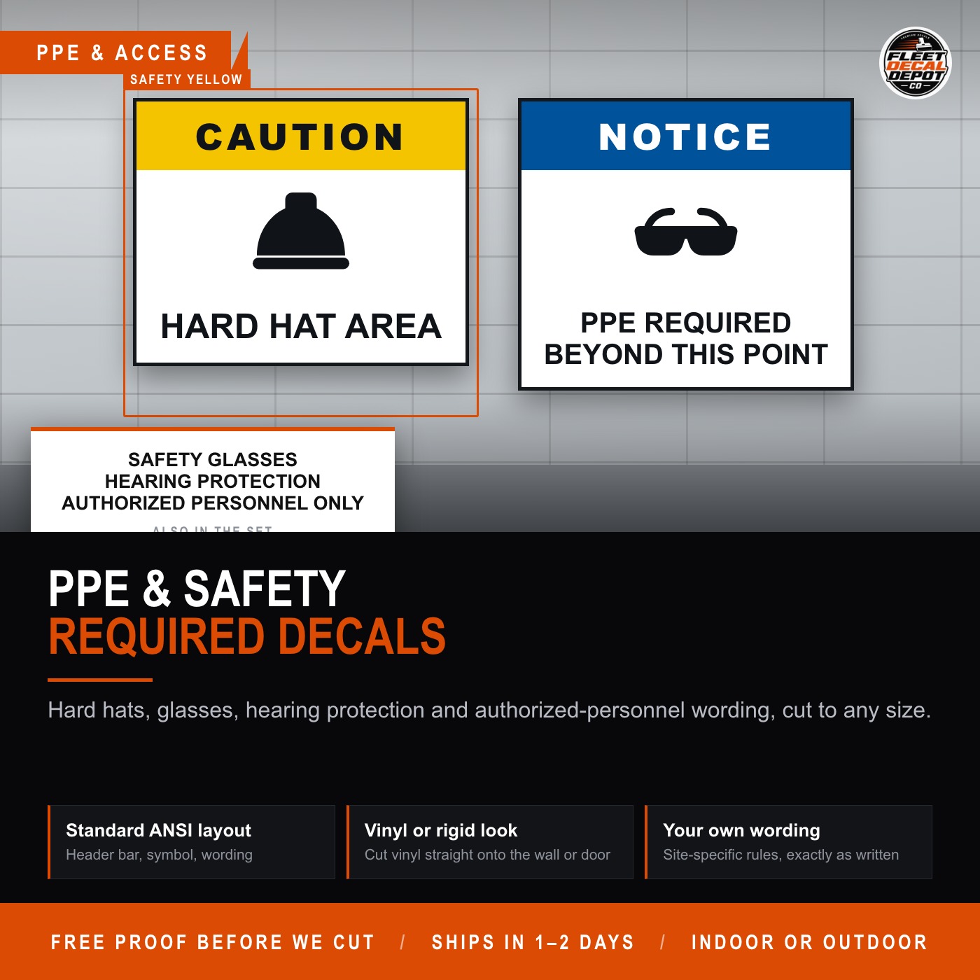 PPE Required Decal, Hard Hat Area Safety Glasses Hearing Protection Signs, Custom Authorized Personnel Only Vinyl Labels for Shop or Site