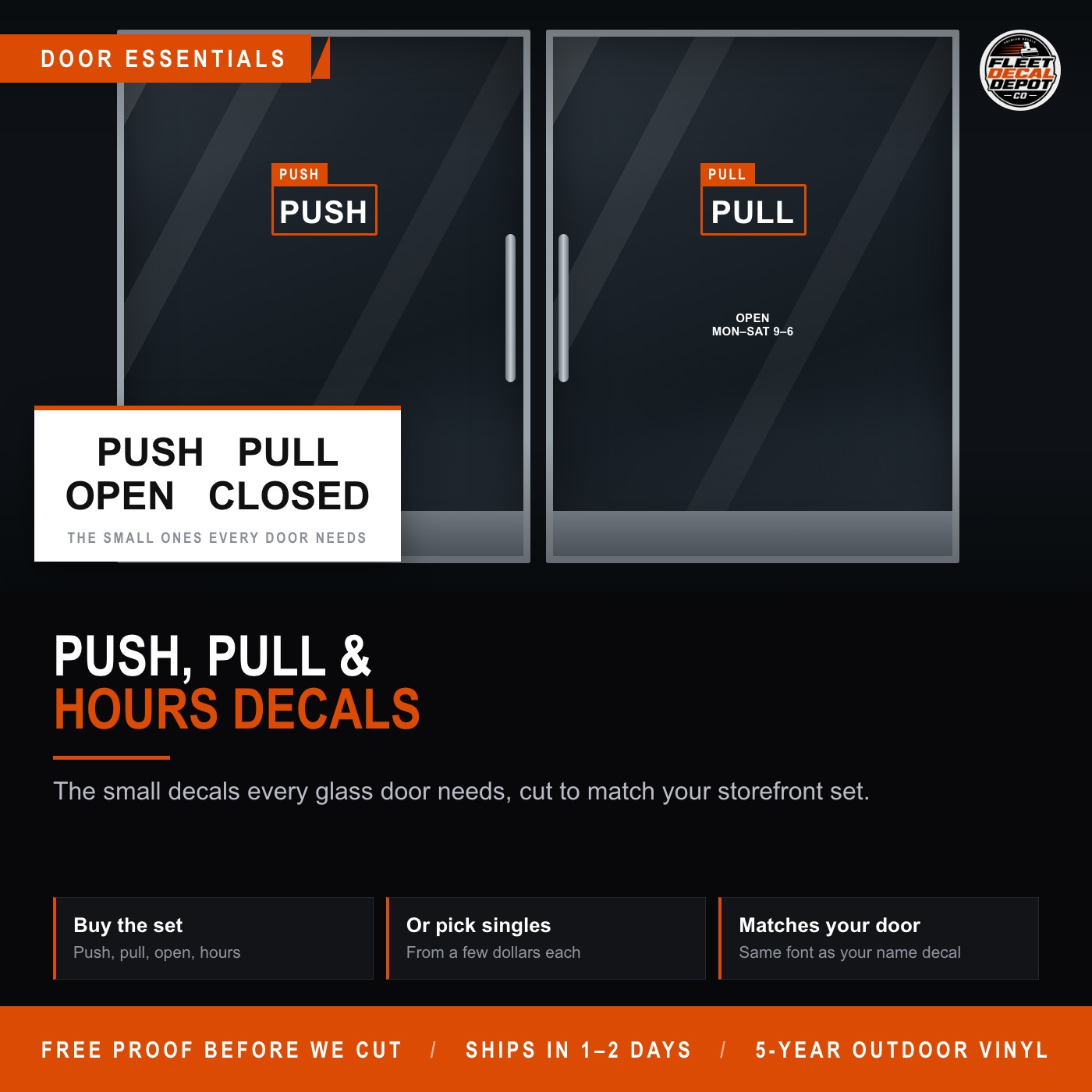Push Pull Door Decal Set, Custom Store Hours Vinyl Window Sticker, Small Business Glass Door Decals Open Closed