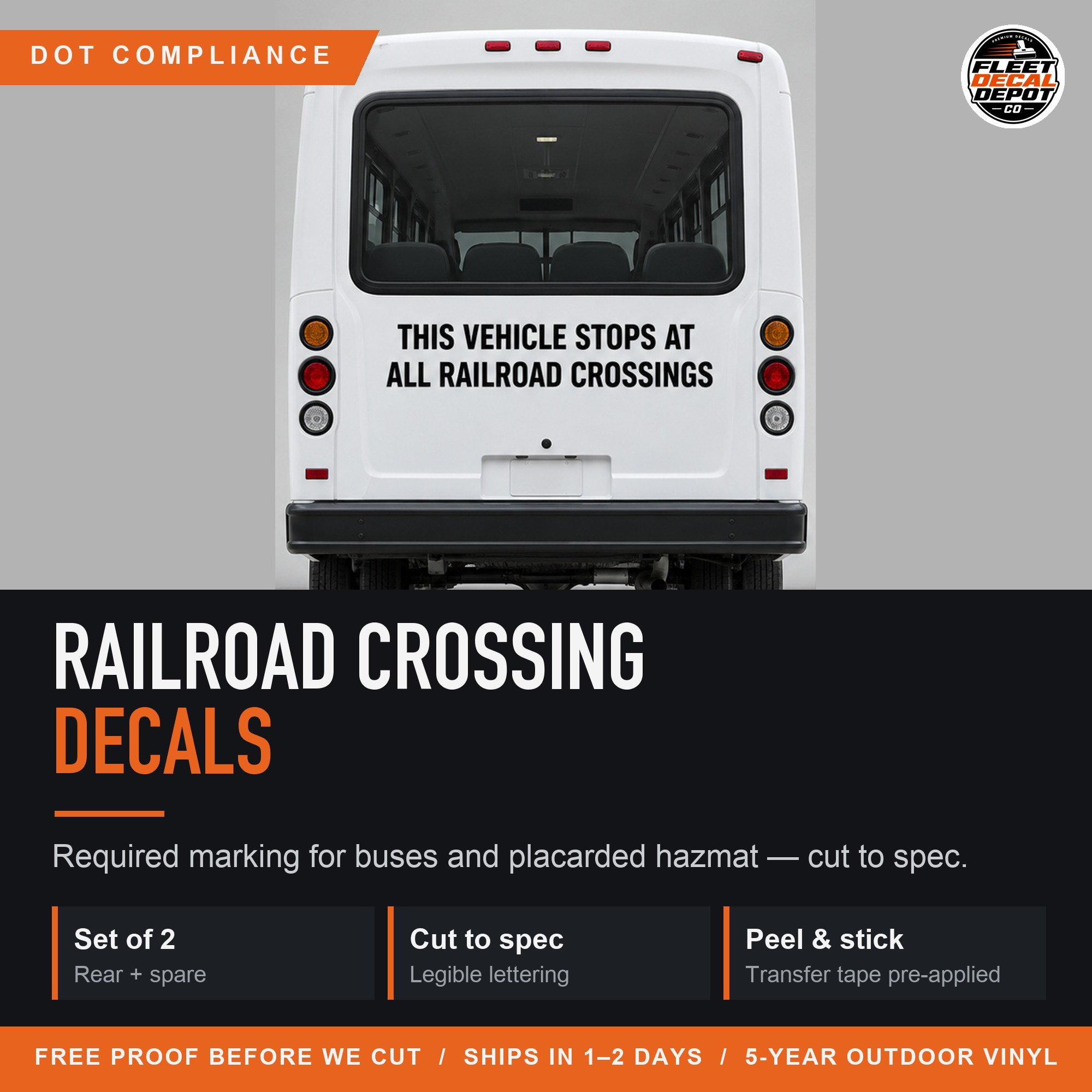 This Vehicle Stops at All Railroad Crossings Decal Set of 2, Bus and Hazmat Truck Rear Warning Sticker, Cut Vinyl Lettering