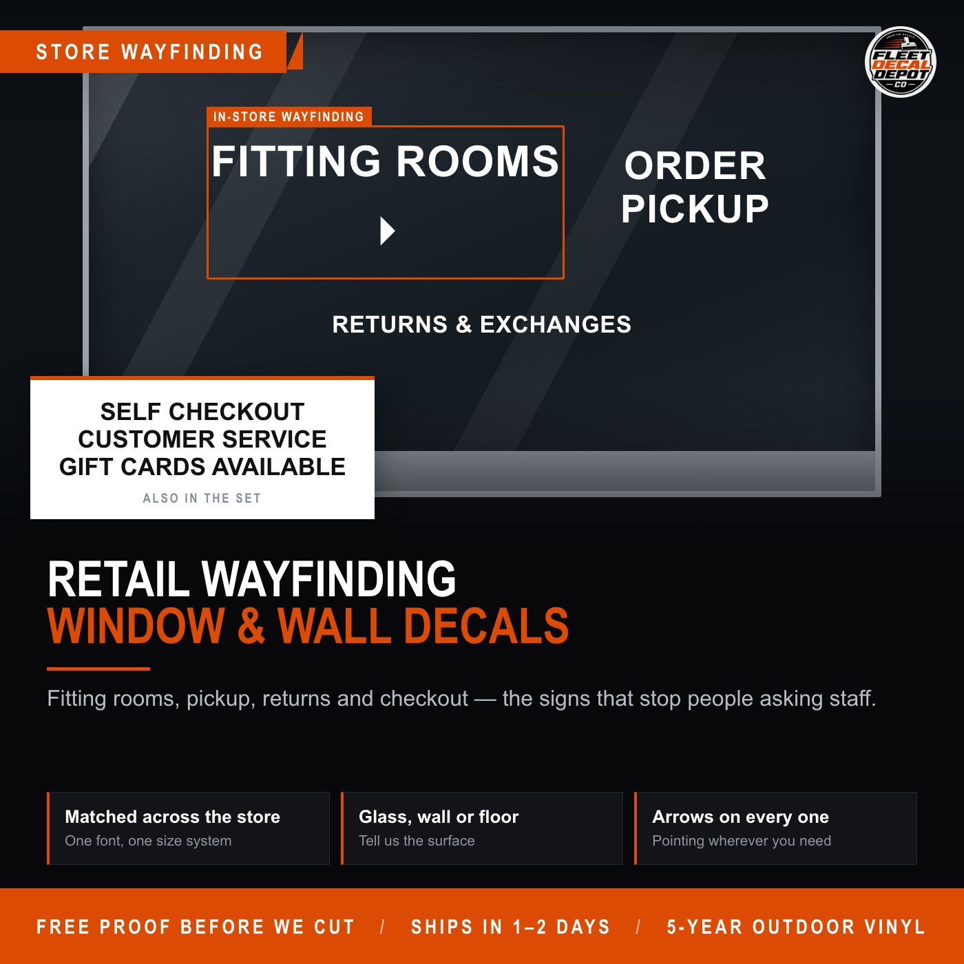 Retail Store Wayfinding Decals, Fitting Rooms Order Pickup Returns Customer Service Self Checkout Signs, Custom Window and Wall Vinyl Set