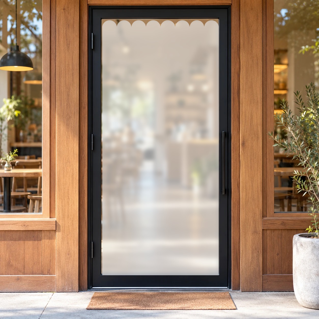 Scallop and Arch Frosted Window Film — shown on a glass storefront (product photo 2 of 6)