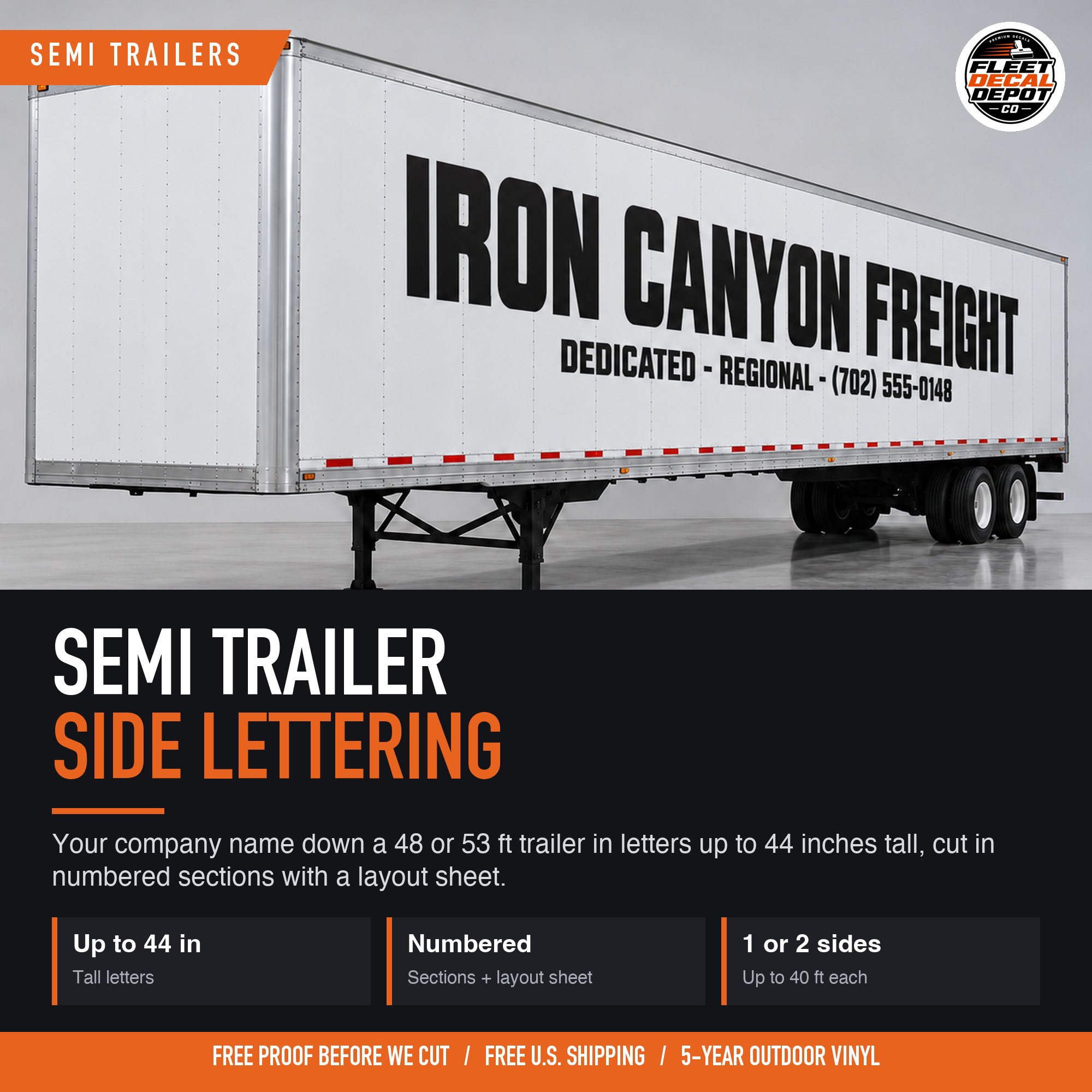 Semi Trailer Lettering, Custom Company Name Decals for 53 Ft Dry Van or Reefer Trailer Sides, Large Vinyl Letters Up To 44 Inch Tall