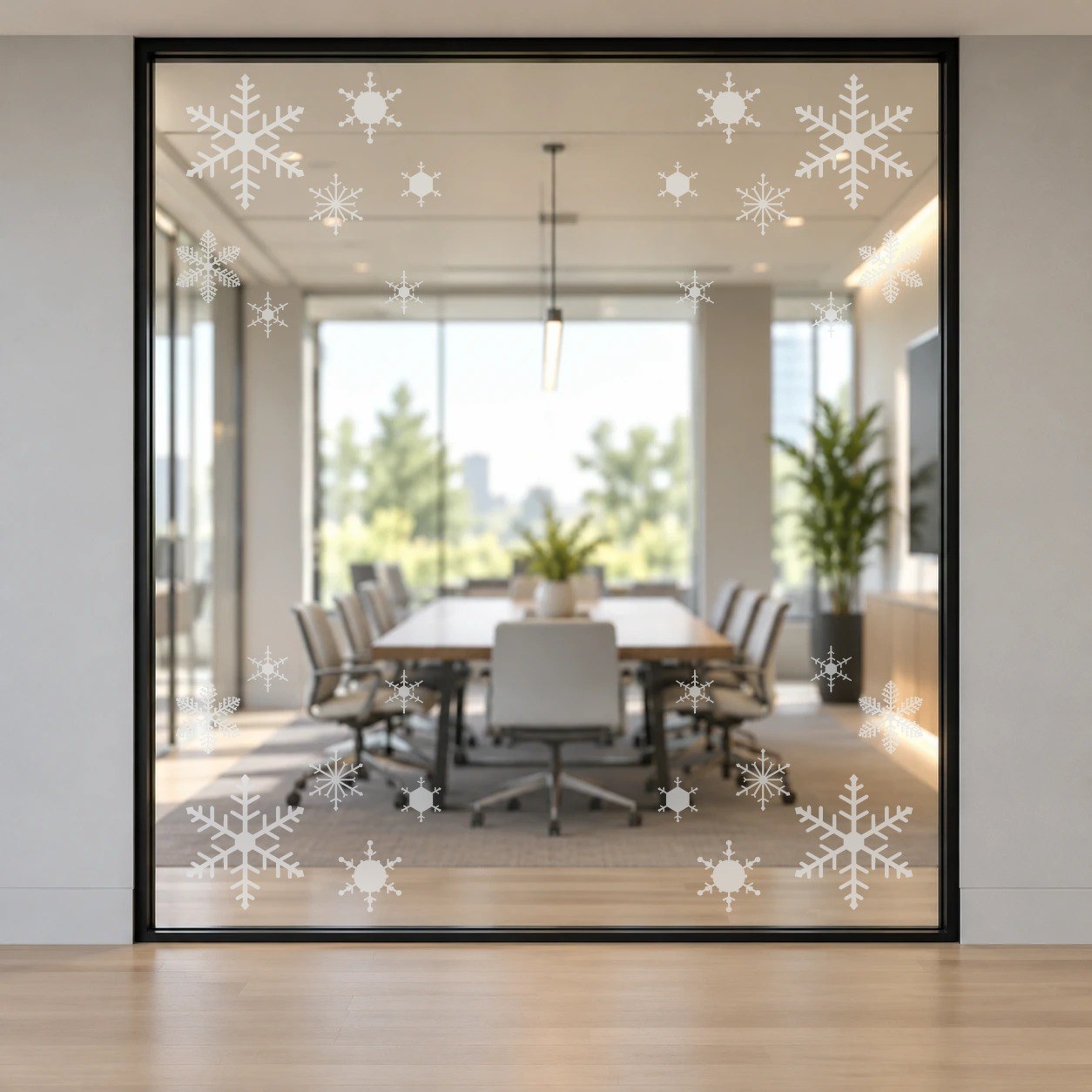 Four 15 inch frosted snowflake corner clusters on a glass conference room wall (product photo 2 of 6)