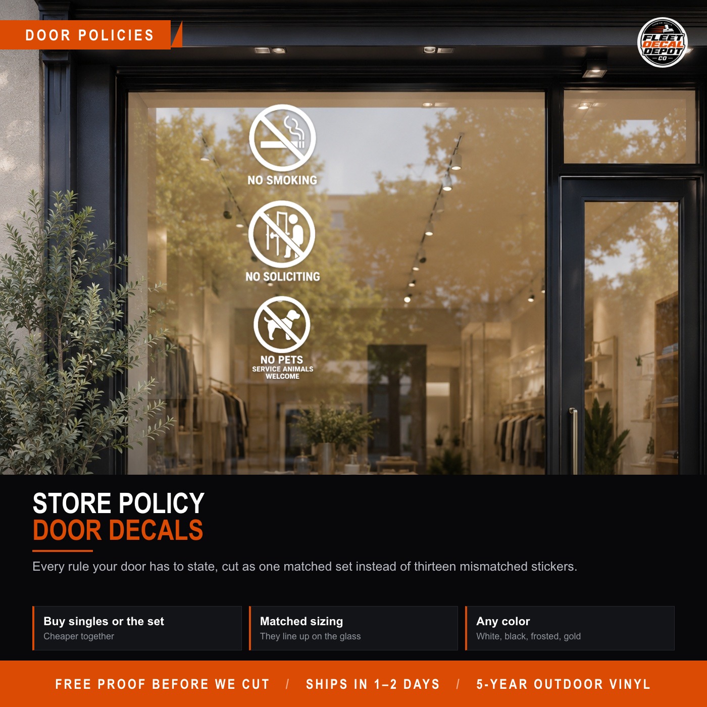 Store Policy Door Decal Set, No Smoking No Soliciting No Weapons No Pets Service Animals Welcome Window Stickers, Custom Business Vinyl