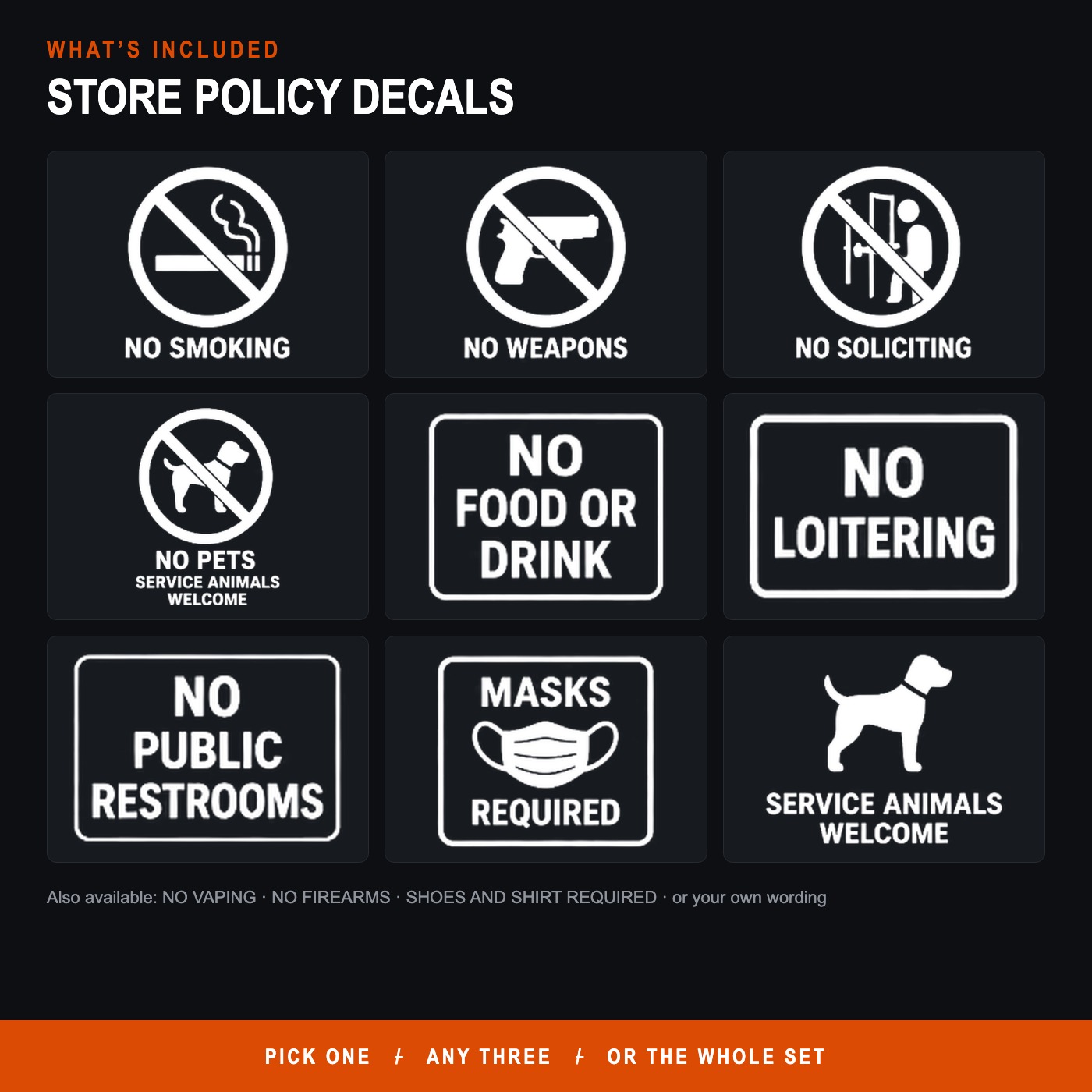 Store Policy Door Decal Set, No Smoking No Soliciting No Weapons No Pets Service Animals Welcome Window Stickers, Custom Business Vinyl — photo 1